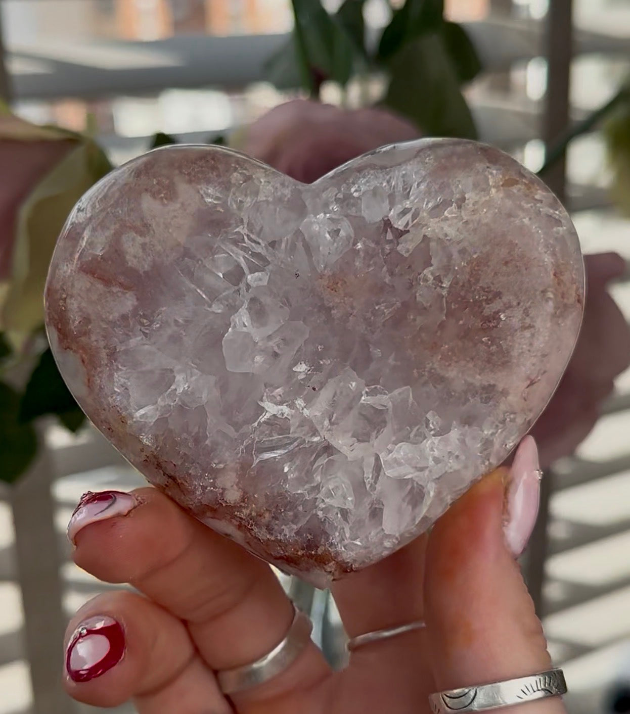 Hq pink amethyst heart with quartz - comes with stand