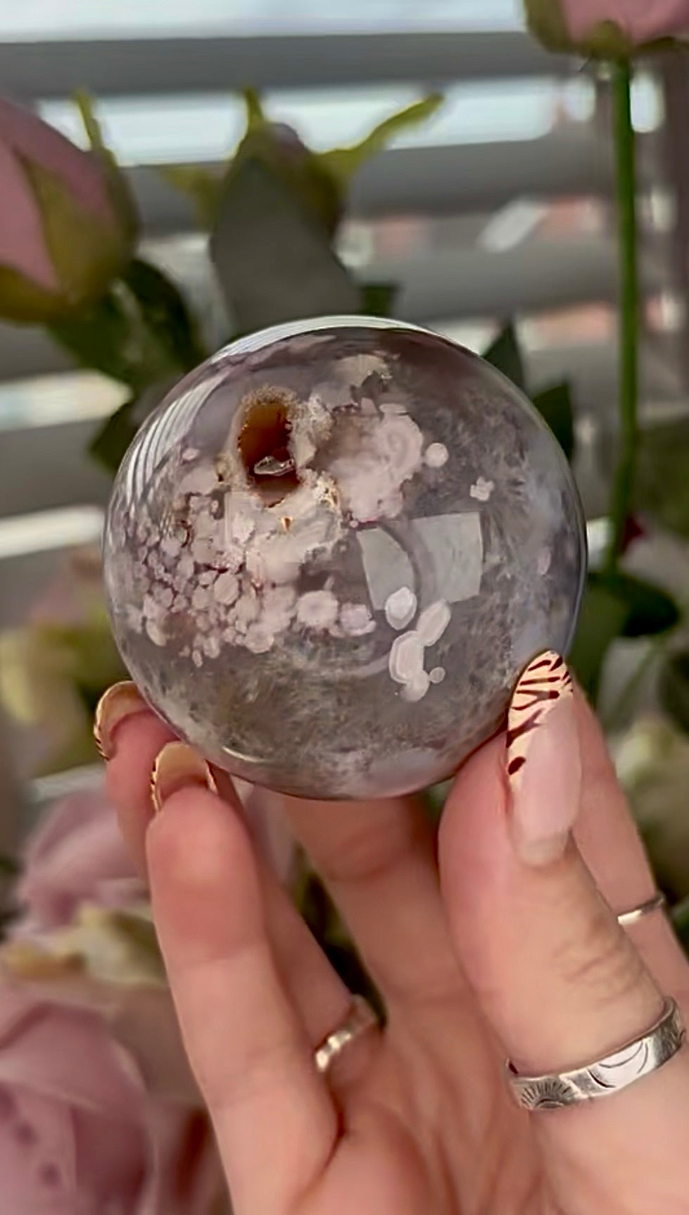 Stunning!! Super high quality, Druzy, green chlorite x blue flower agate sphere