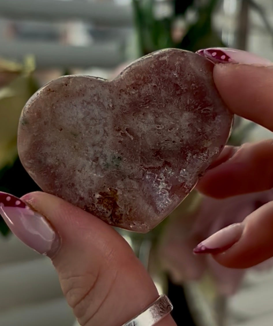 pink amethyst heart with quartz - comes with stand