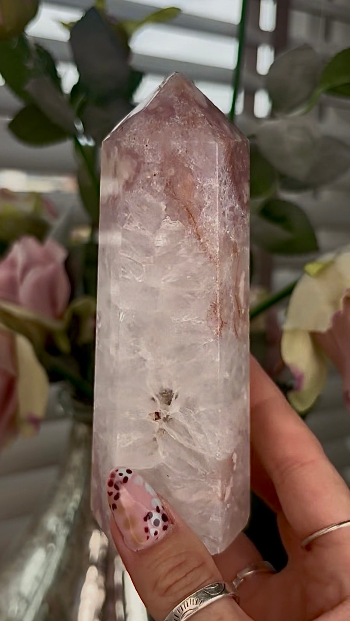 High grade, pink Flower agate tower with high clarity quartz