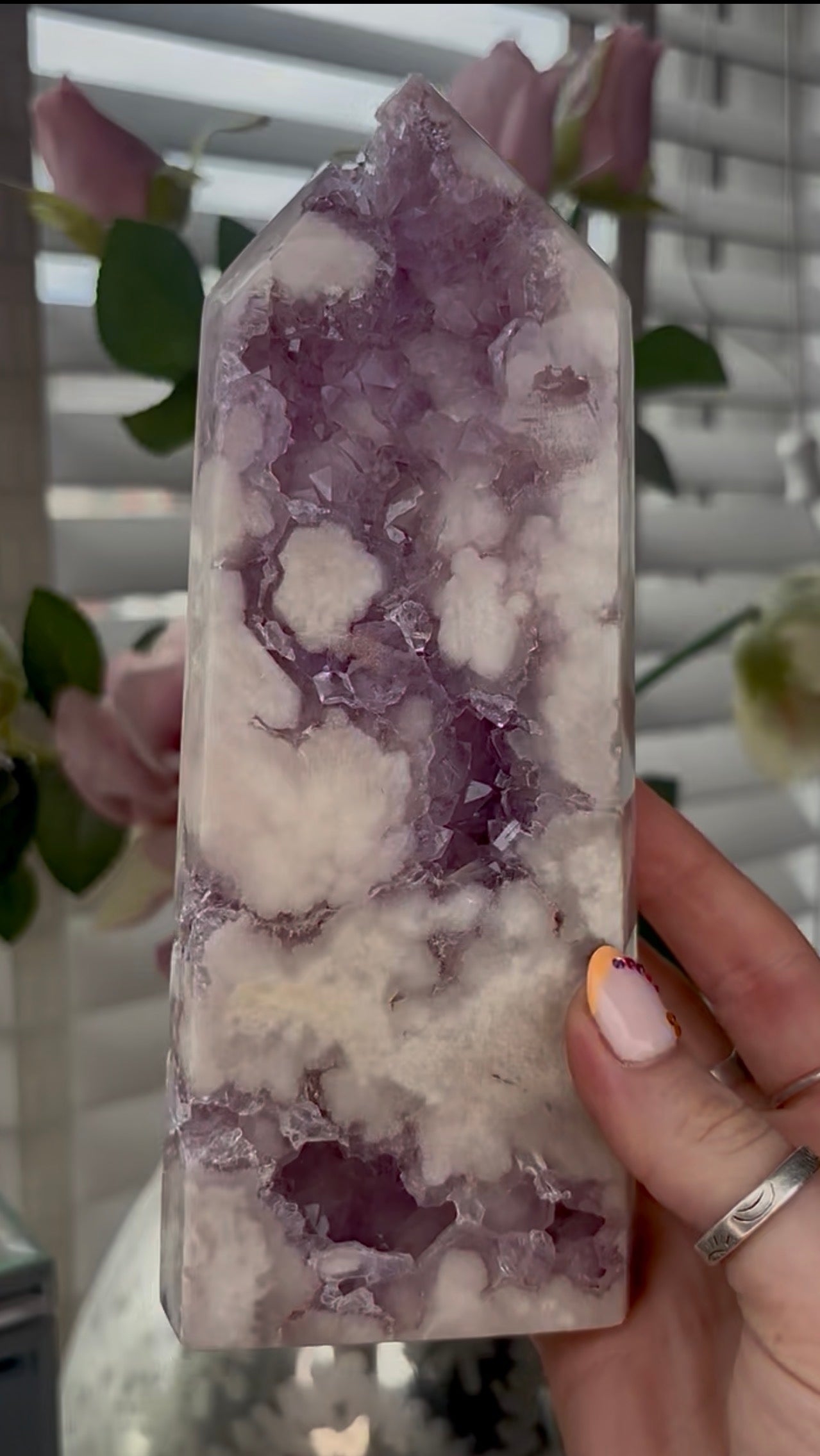 Huge, High quality, Pink amethyst tower, with purple quartz druzy