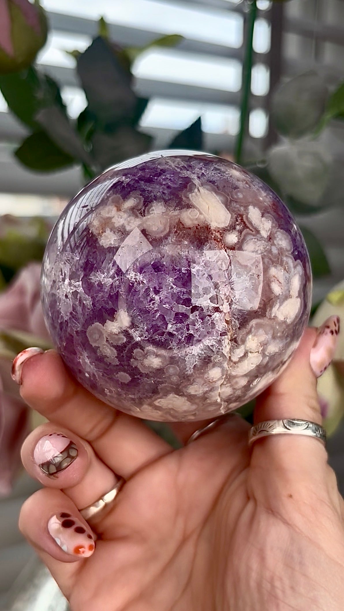 High grade, Amethyst Flower agate sphere 7.5cm 585g