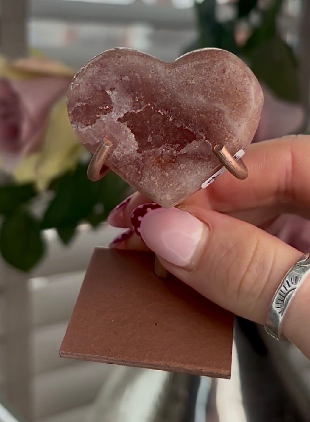 mini pink amethyst heart  - comes with stand