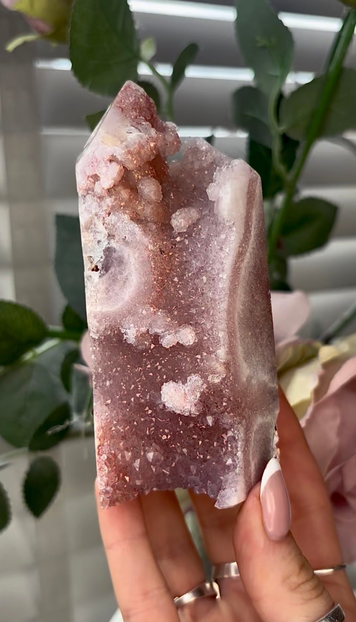 Beautiful, hq, druzy, Pink amethyst tower 11.7cm(h) by 5.4cm(w)