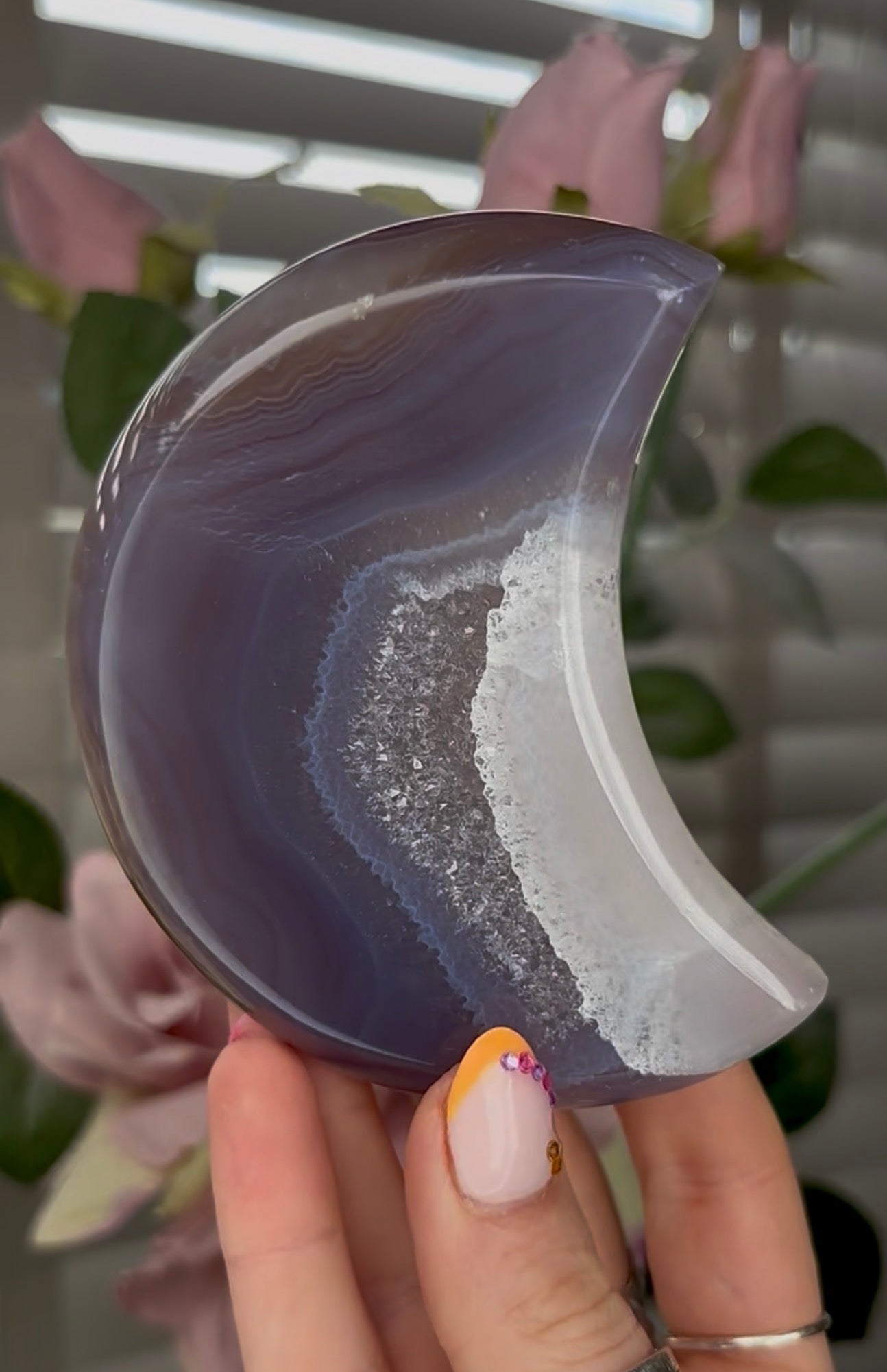 Beautiful, agate moon with druzy - comes with stand