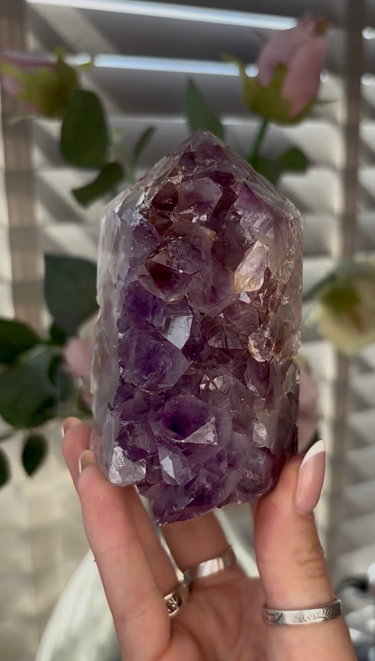 Beautiful, chunky Pink amethyst tower with purple quartz 9.5cm(h) by 6cm(w)
