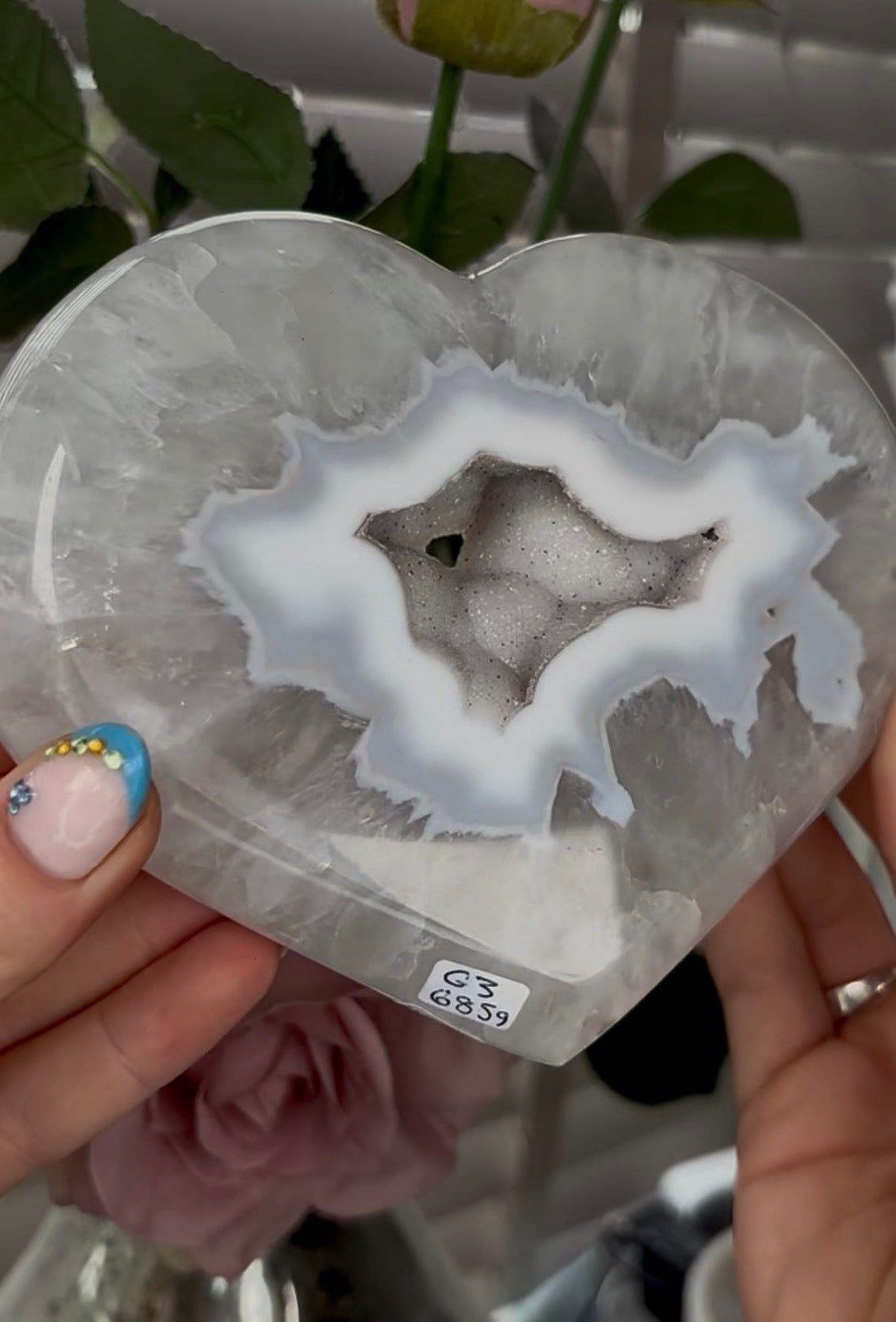 Beautiful, high grade, agate heart with druzy - comes with stand