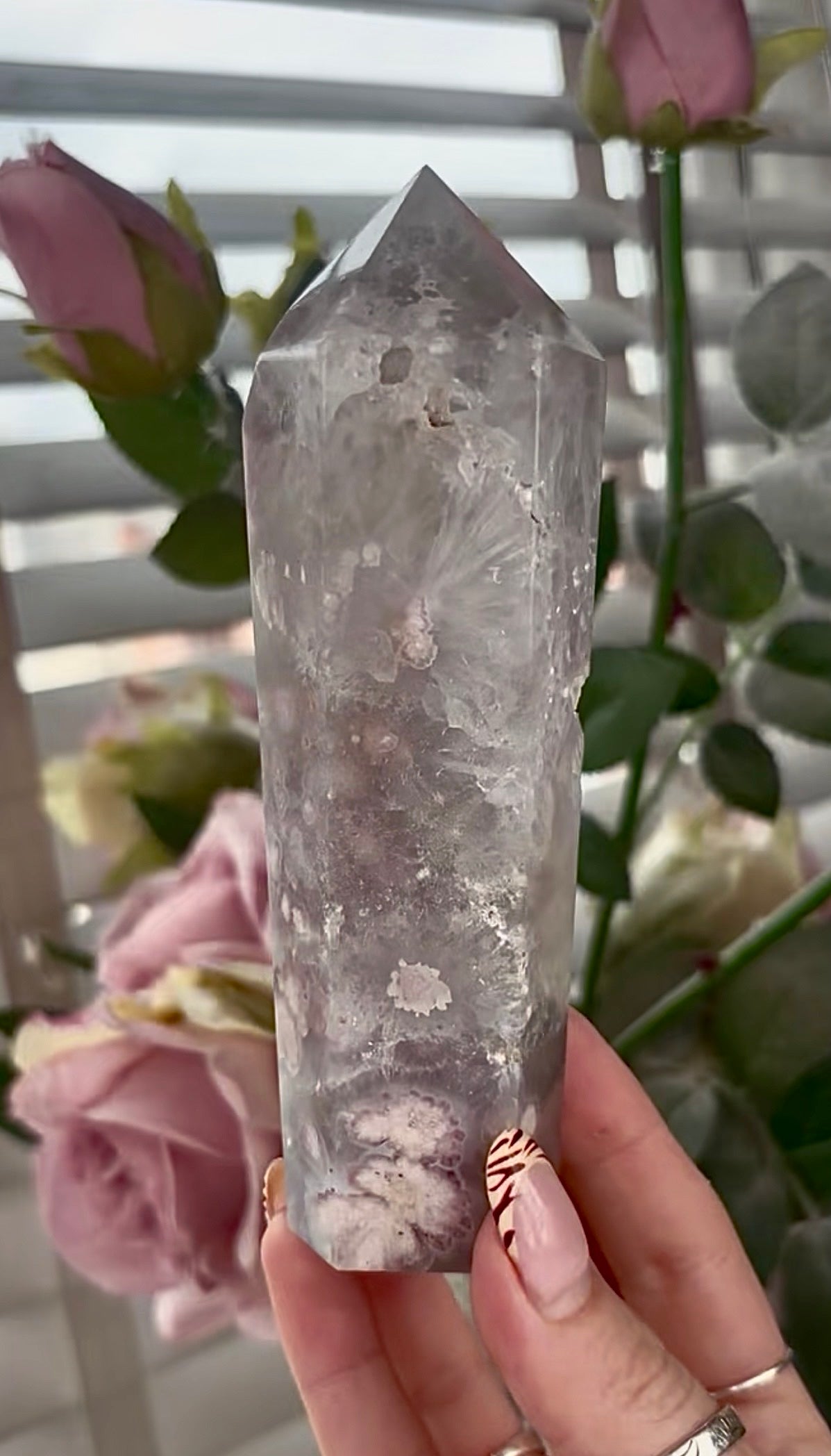 Stunning!! Super high quality, Druzy, green chlorite x blue flower agate tower