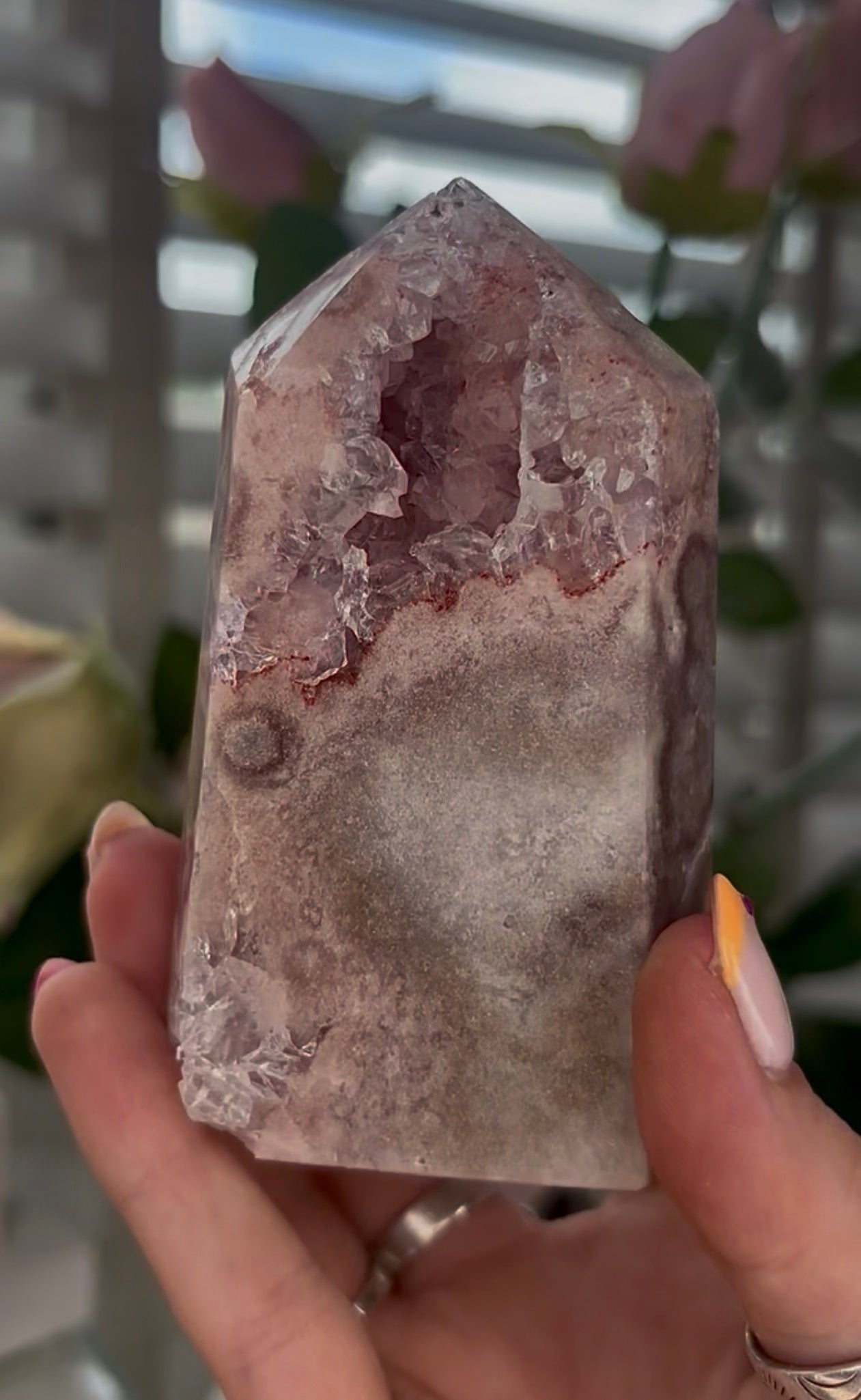 Beautiful, Pink amethyst tower with quartz druzy