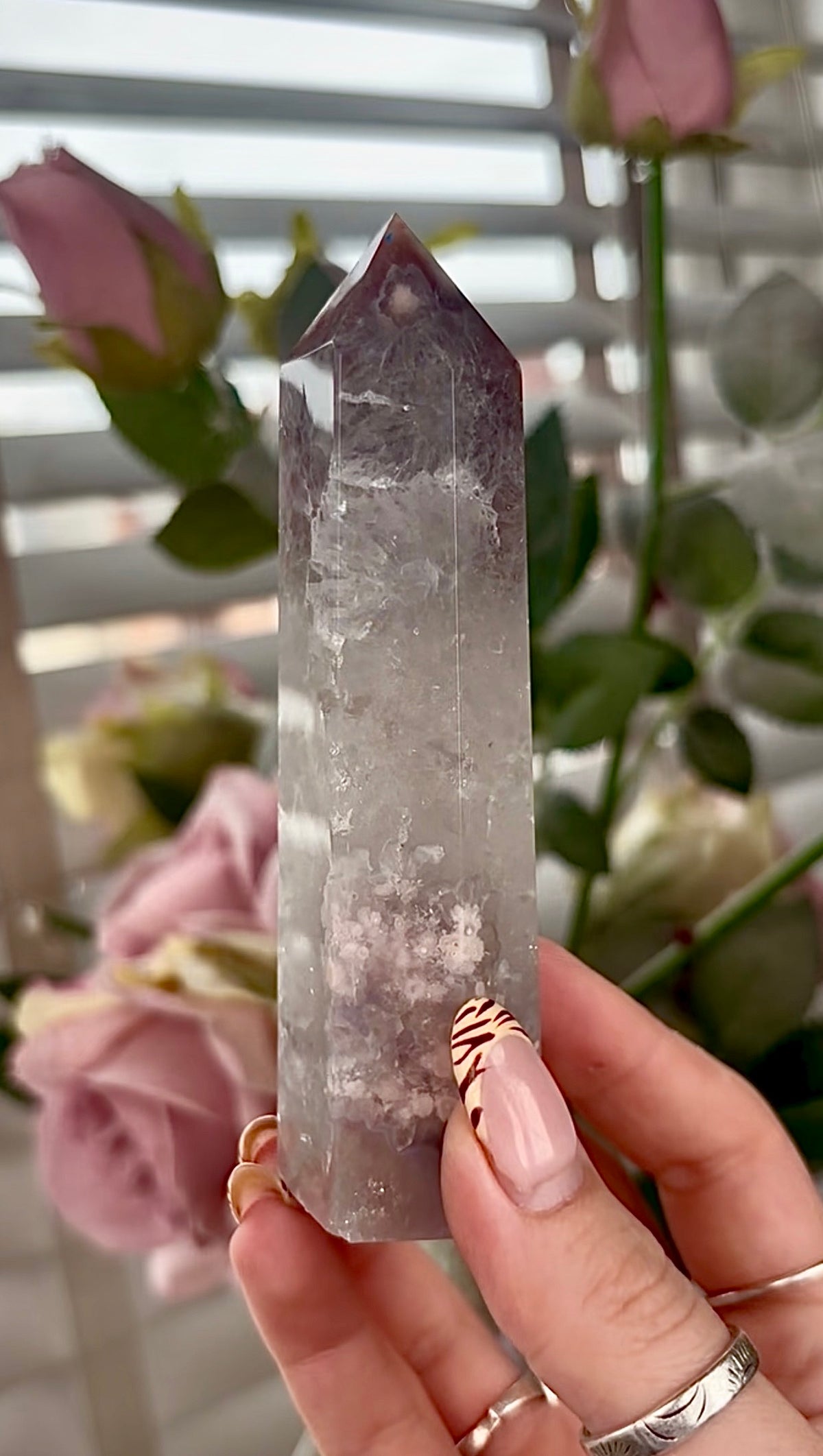 Stunning!! Super high quality, Druzy, green chlorite x blue flower agate tower