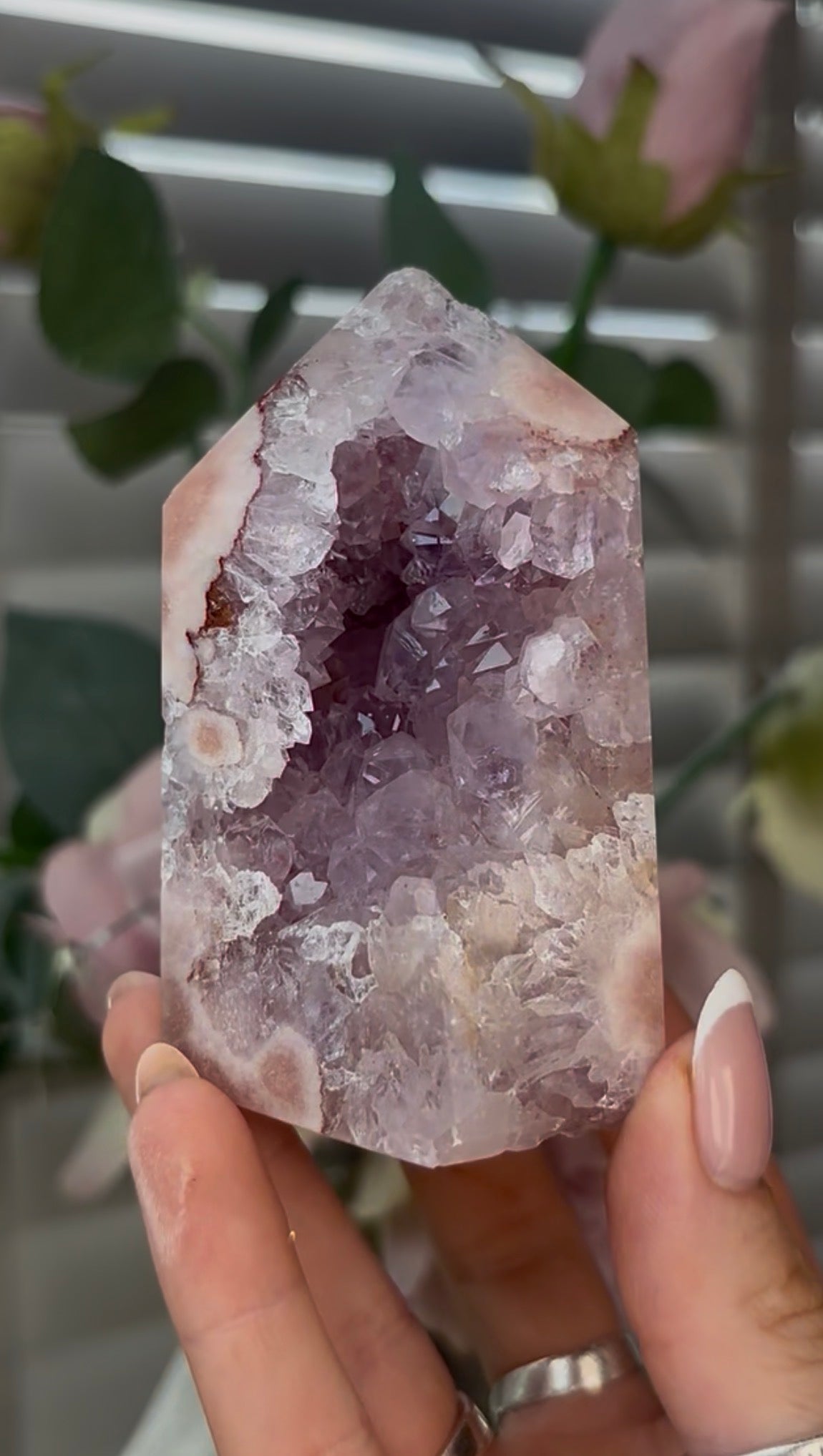 Beautiful, high quality, Pink amethyst tower with quartz 8.5cm(h) by 5.5cm(w)