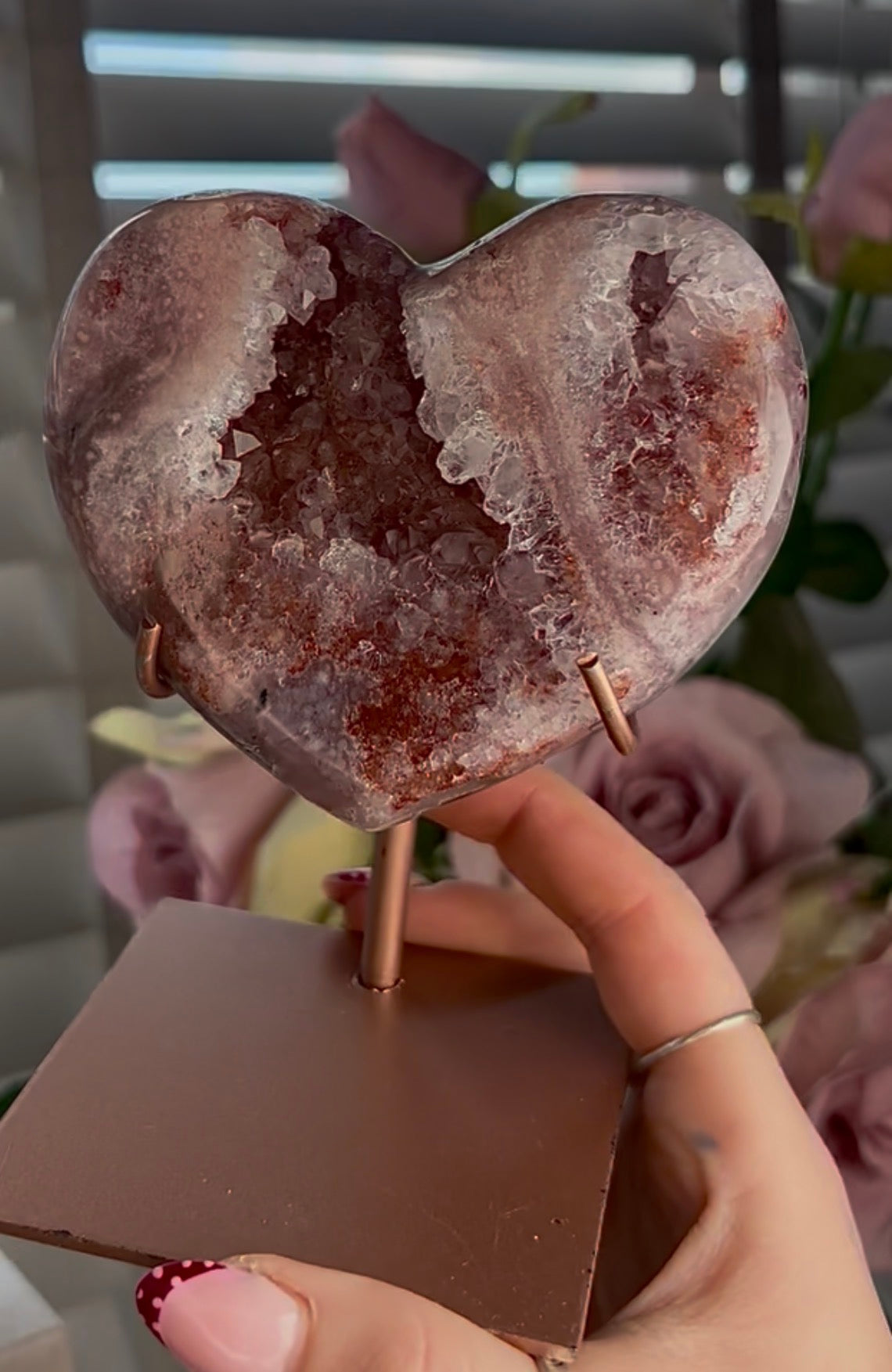 High quality pink amethyst heart - comes with stand