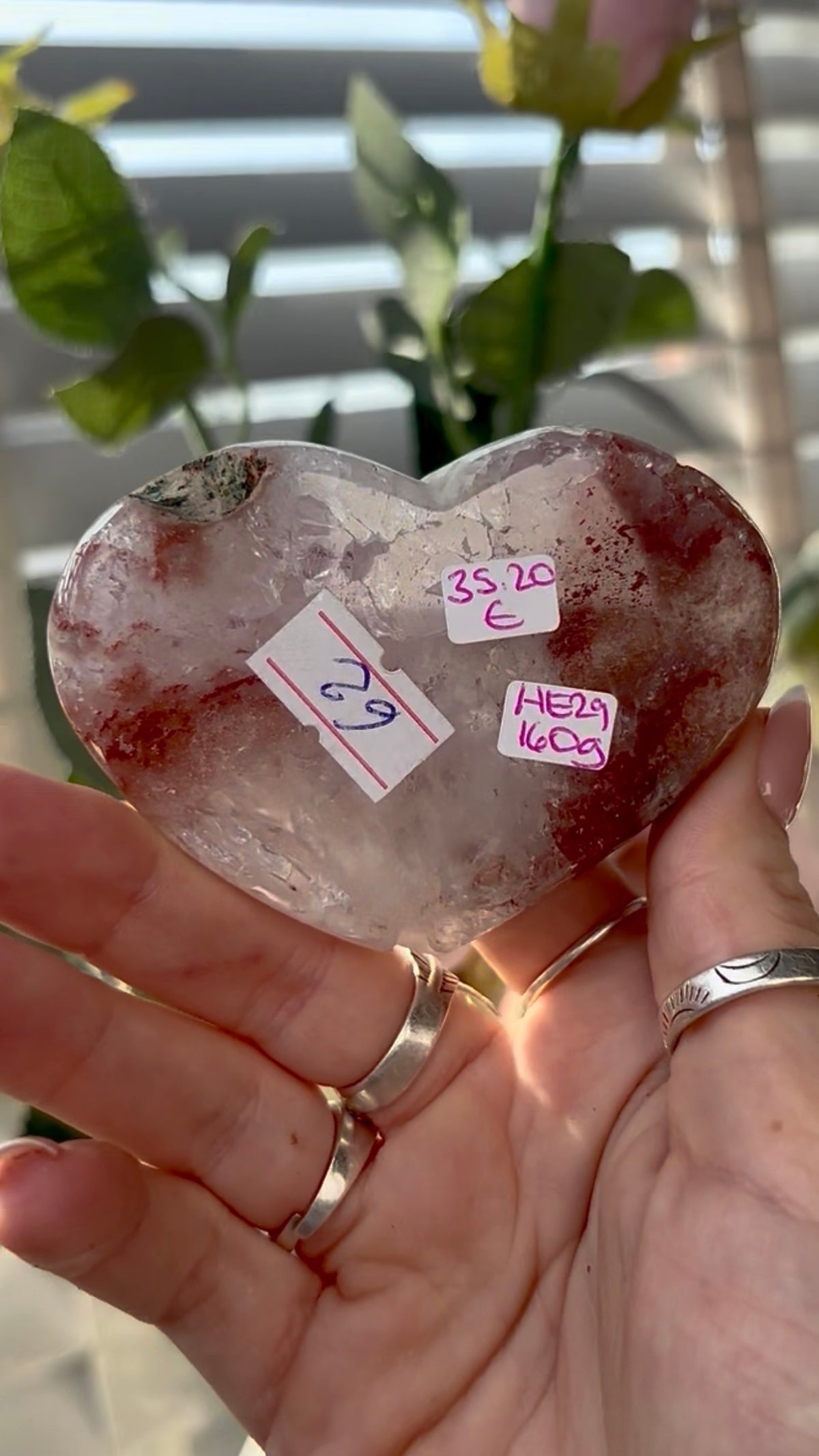 Gorgeous, high quality, berry red & quartz,  pink amethyst heart- comes with stand