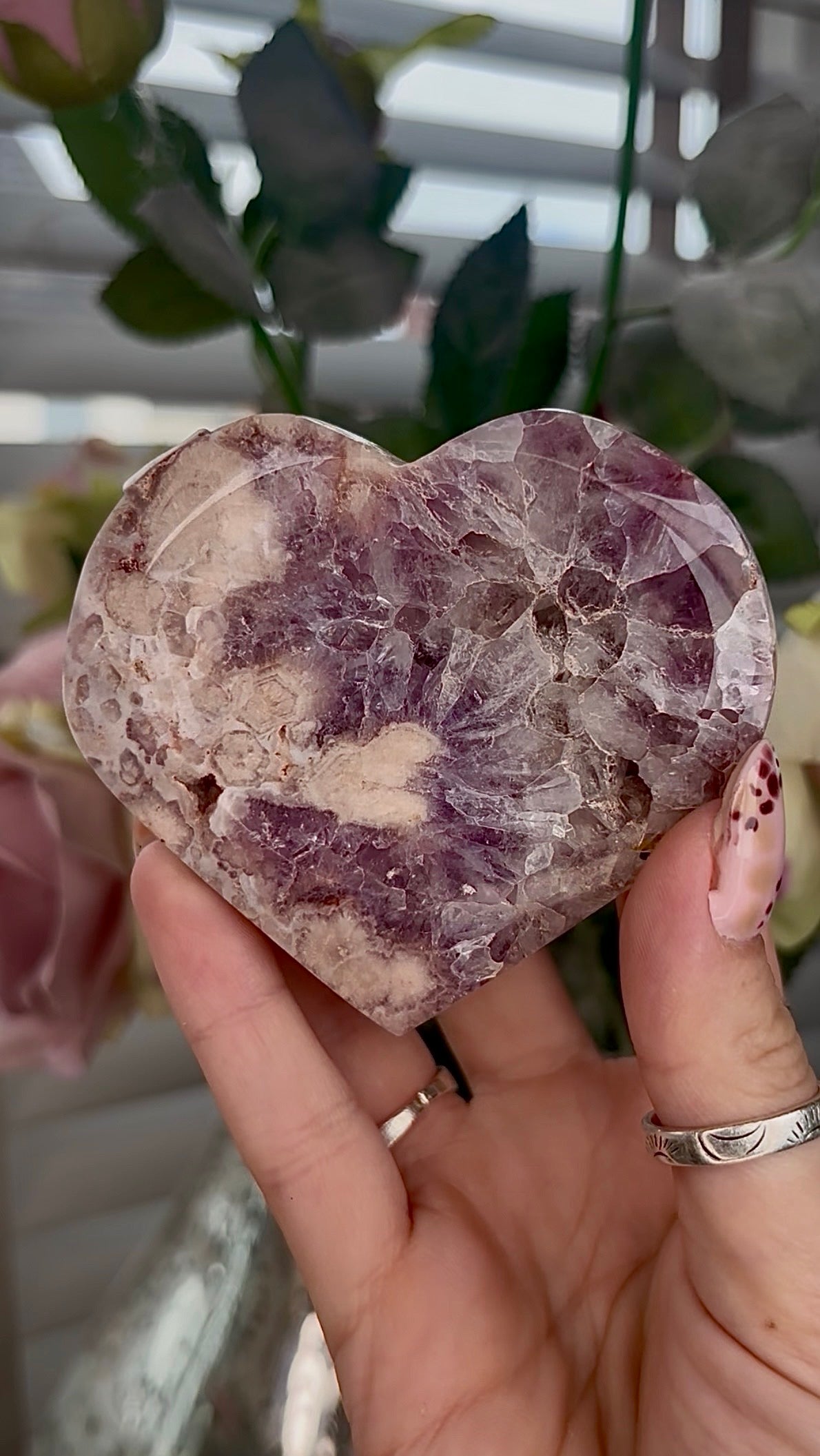 High grade, Amethyst Flower agate heart with stand