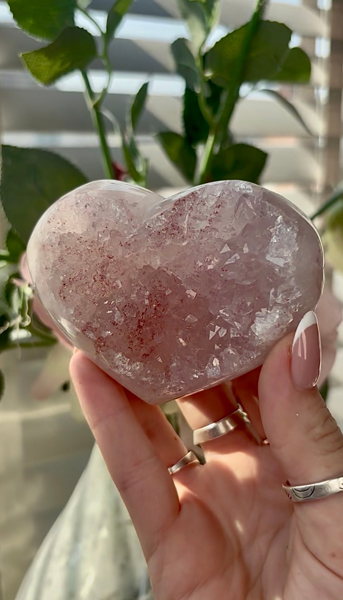 Gorgeous, pink amethyst heart- comes with stand