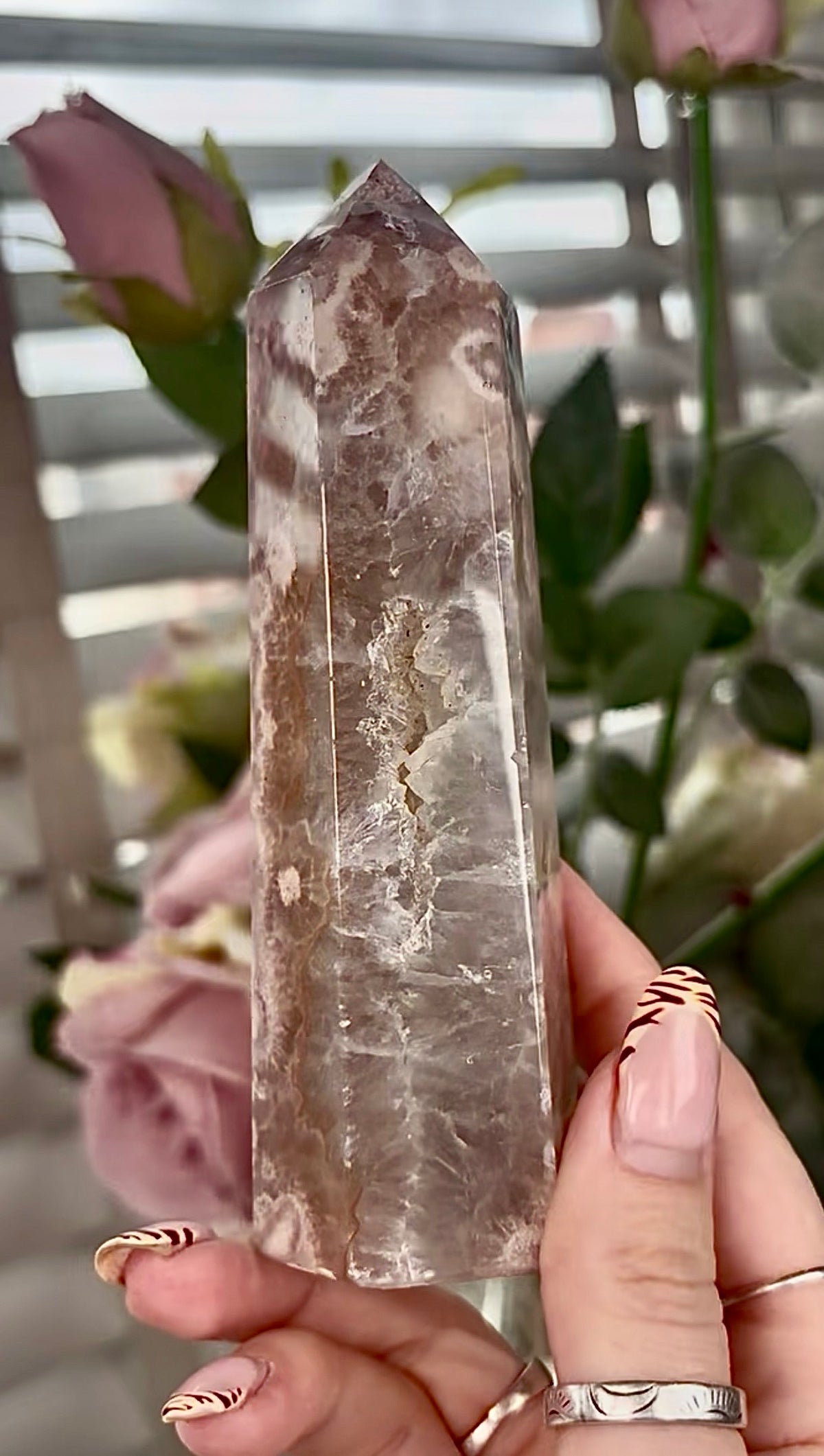 Stunning!! Super high quality, Druzy, green chlorite x blue flower agate tower