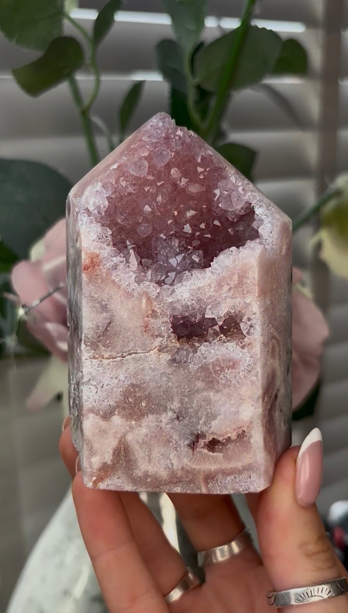 Beautiful, hq, druzy, Pink amethyst tower 10.3cm(h) by 6cm(w)