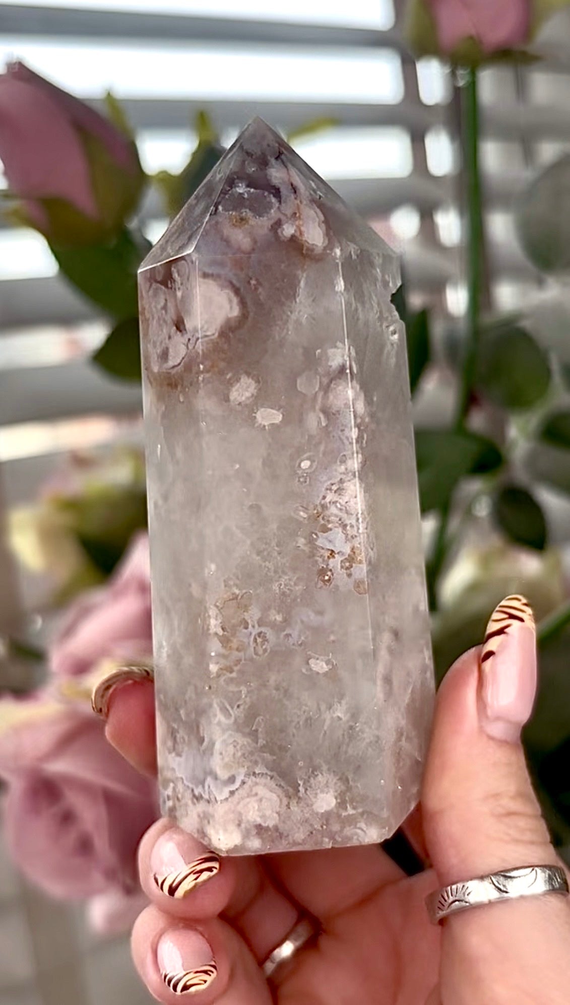 Stunning!! Super high quality, Druzy, green chlorite x blue flower agate tower