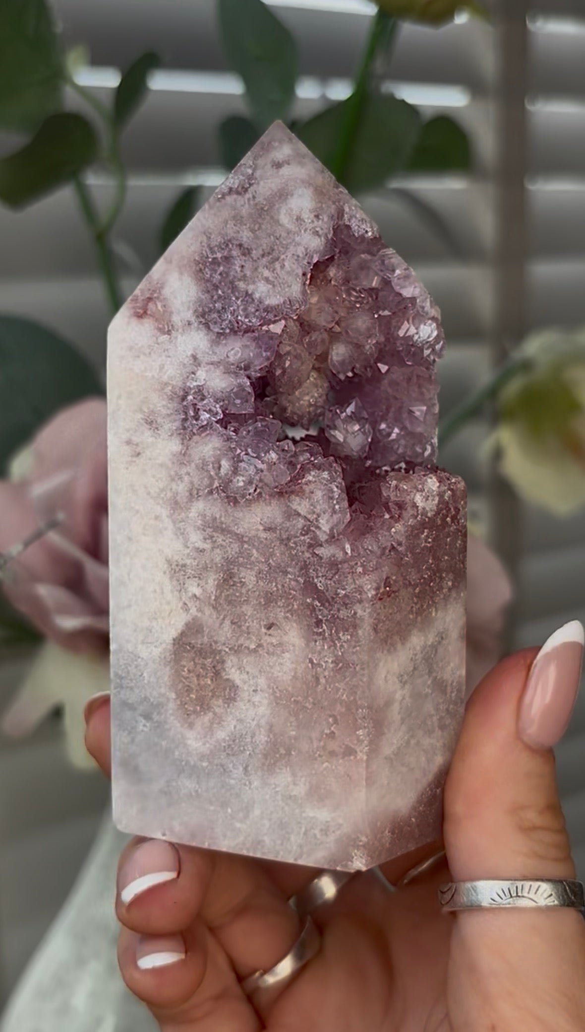 Beautiful, hq, druzy, Pink amethyst tower 11cm(h) by 6cm(w)