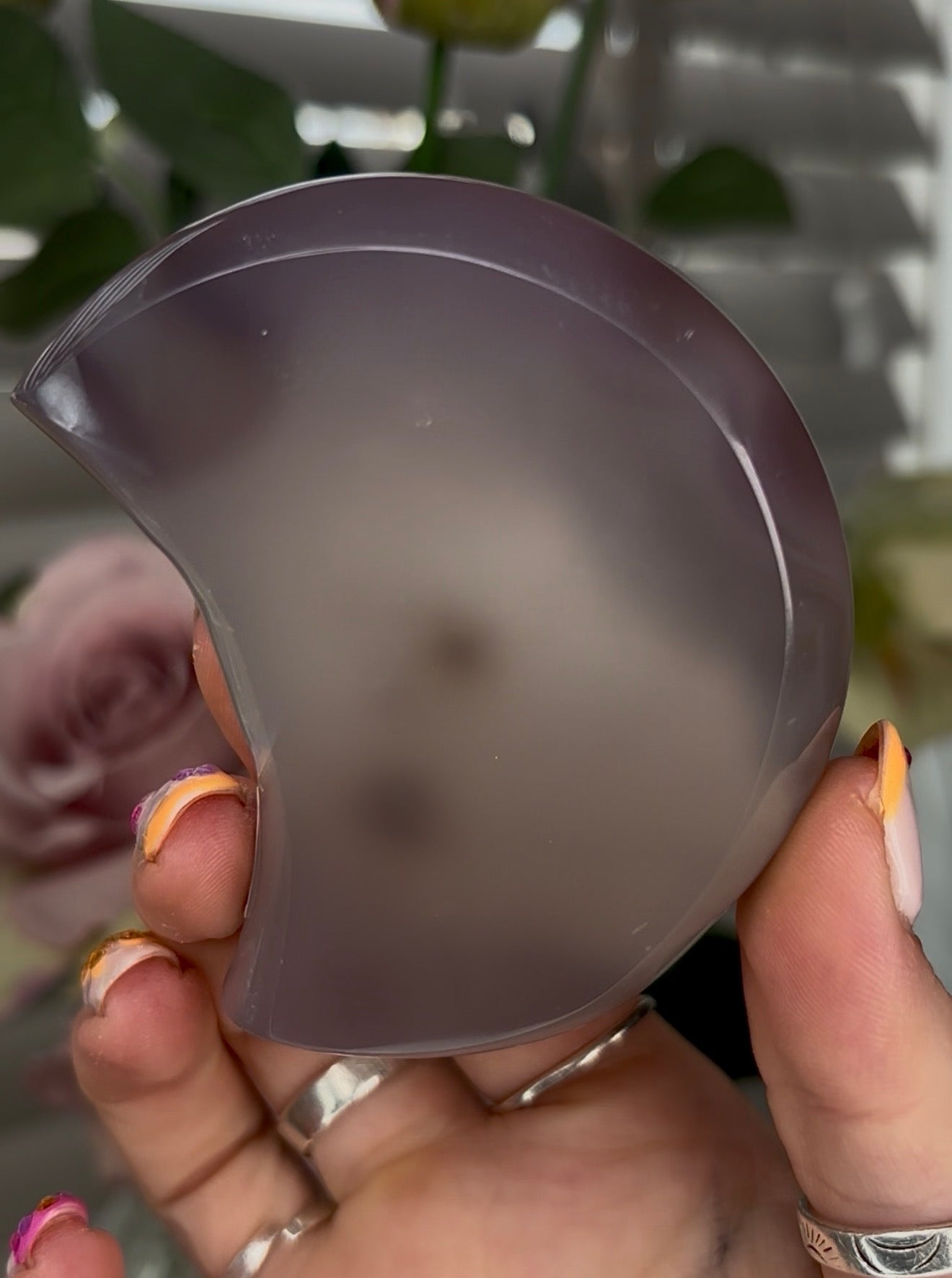 Beautiful, agate moon with druzy - stand included