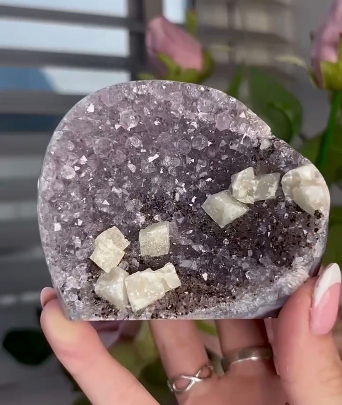 amethyst cutbase with cubic calcite