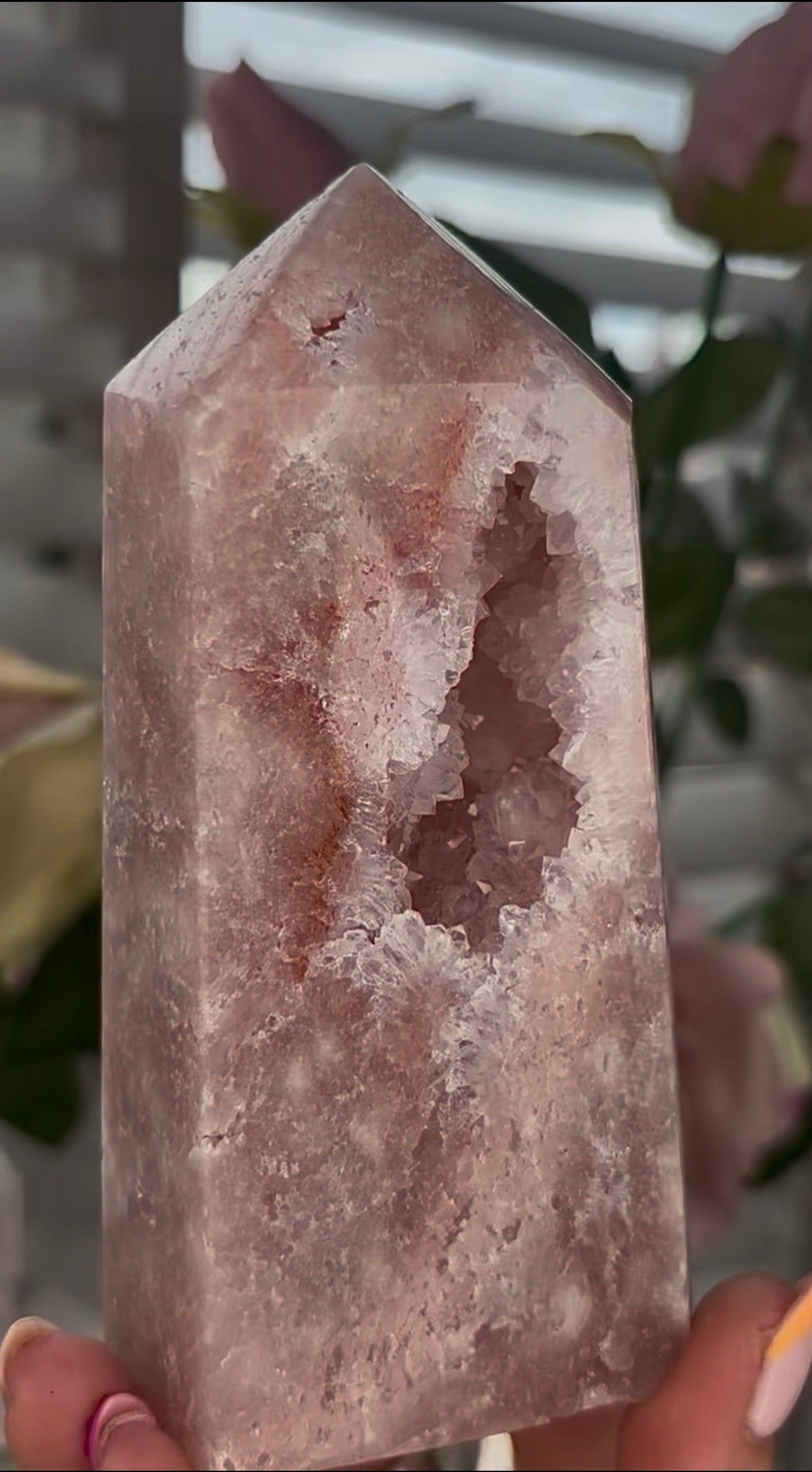 Pretty, Pink amethyst tower, with quartz druzy