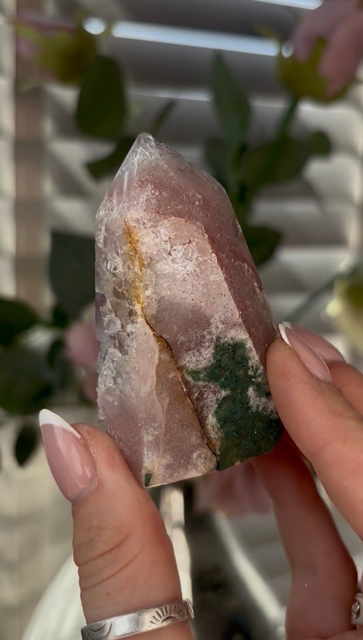 Beautiful, chunky Pink amethyst tower with purple quartz 7cm(h) by 4.5cm(w)