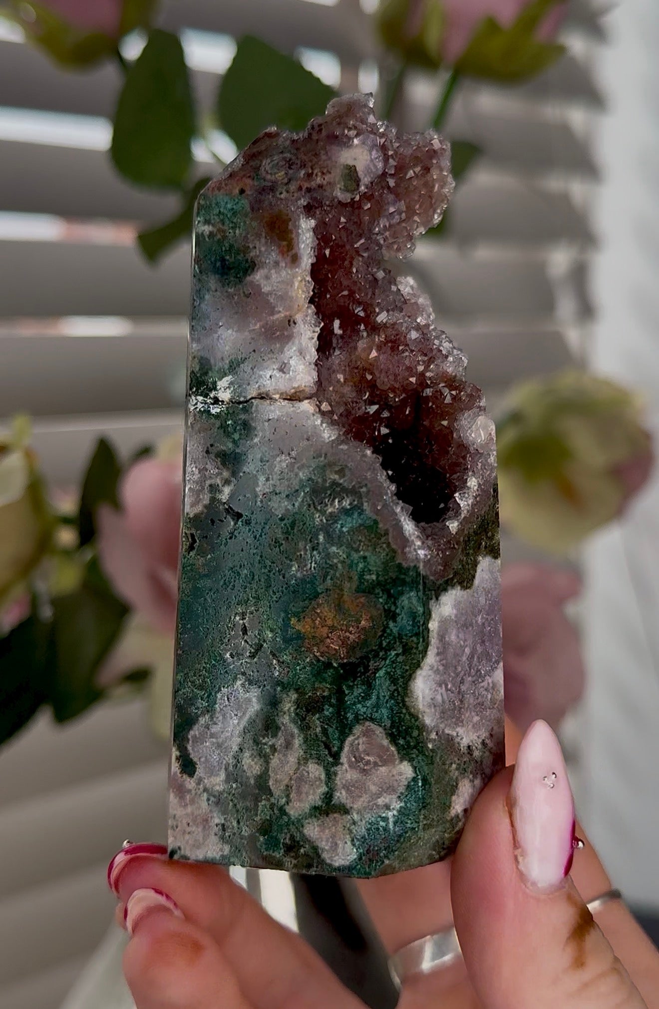 High quality Pink amethyst tower with jasper 11cm(h) 5cm(w)