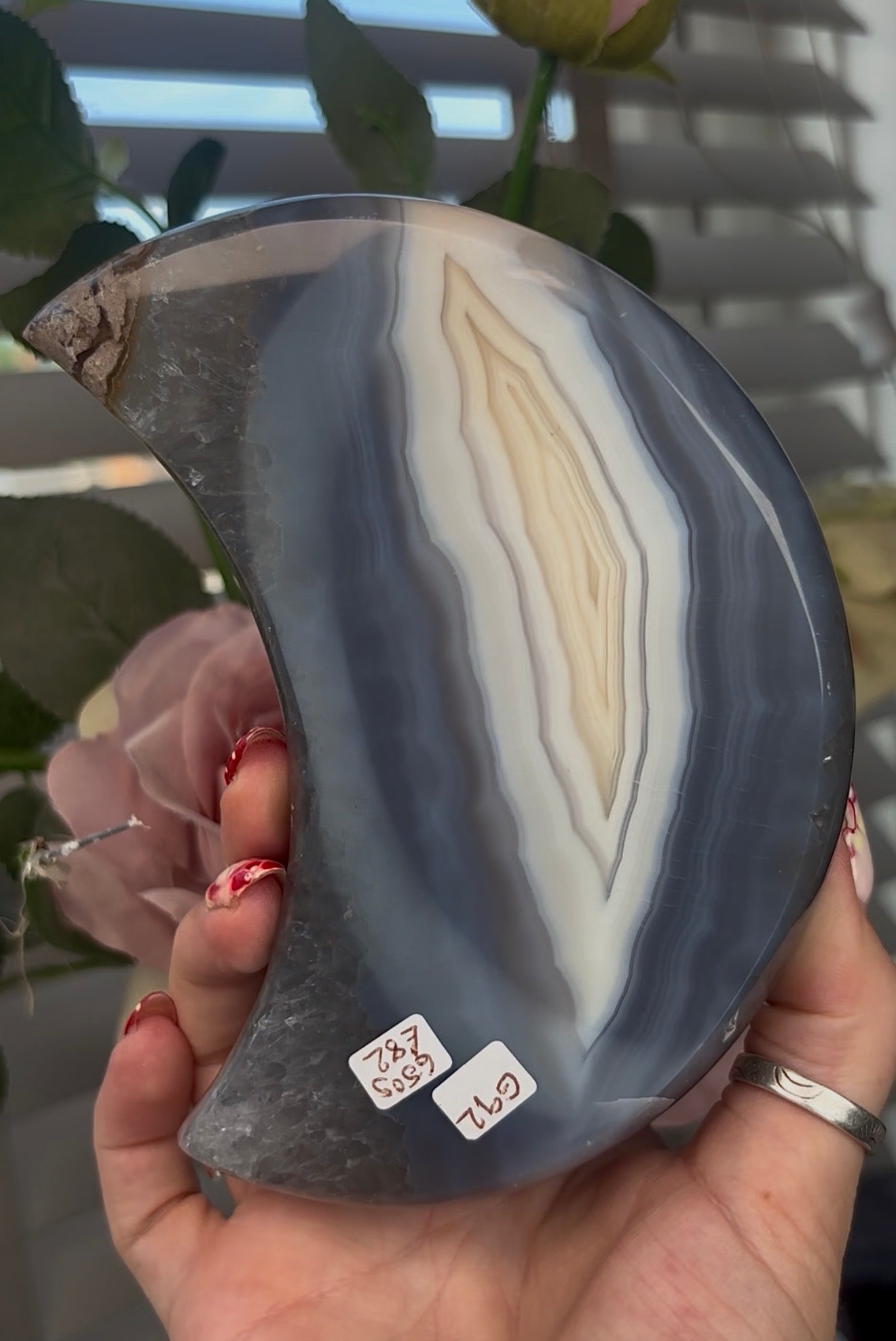 Beautiful, high quality, blue and lemon agate moon with druzy - stand included