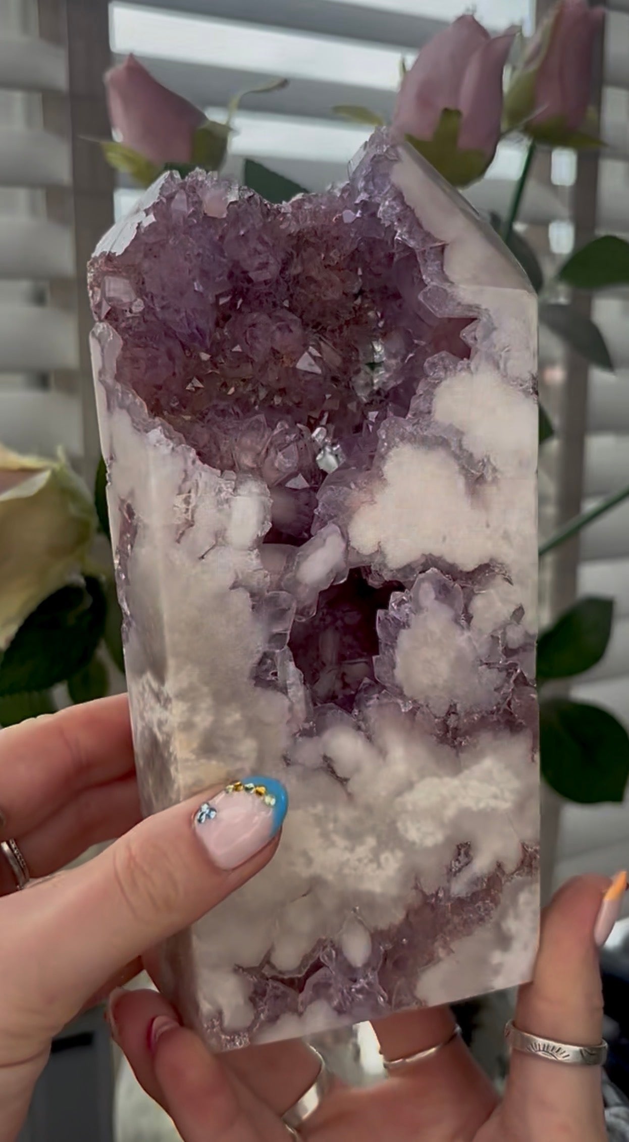 Huge, High quality, Pink amethyst tower, with purple quartz druzy