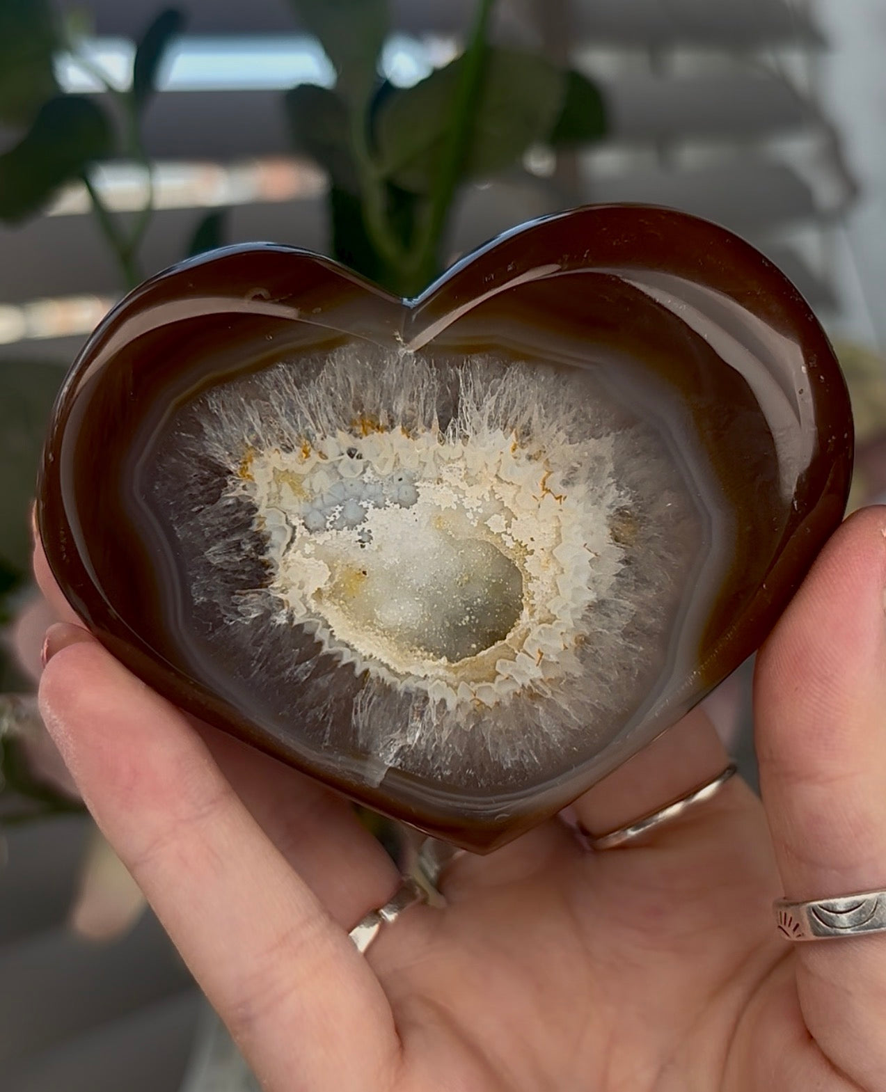 Beautiful, chocolate agate heart with druzy - stand included