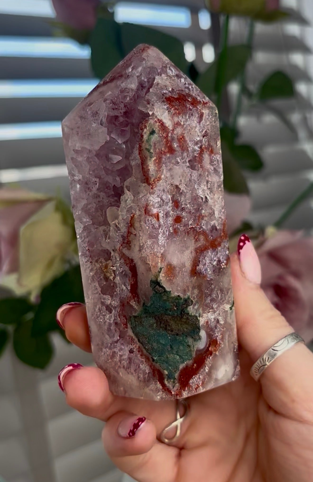 Pink amethyst tower with jasper and quartz