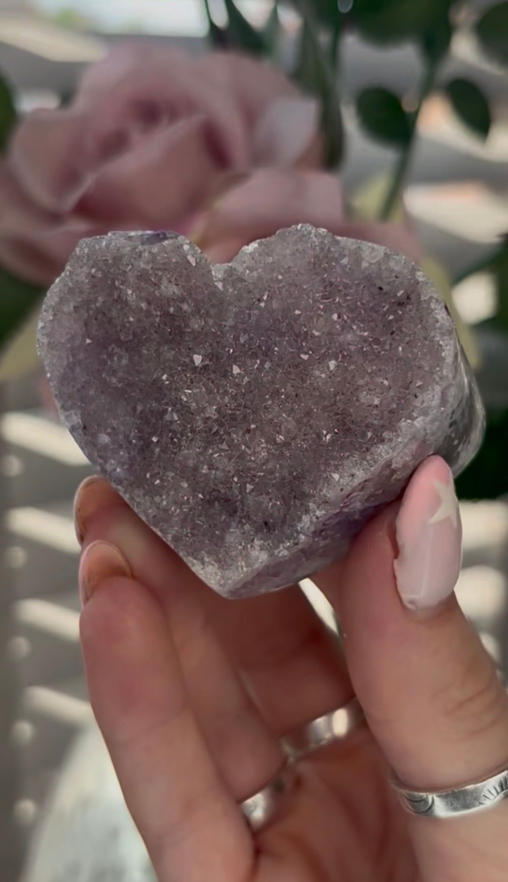Uruguay, rainbow amethyst heart - comes with stand in lilac tones