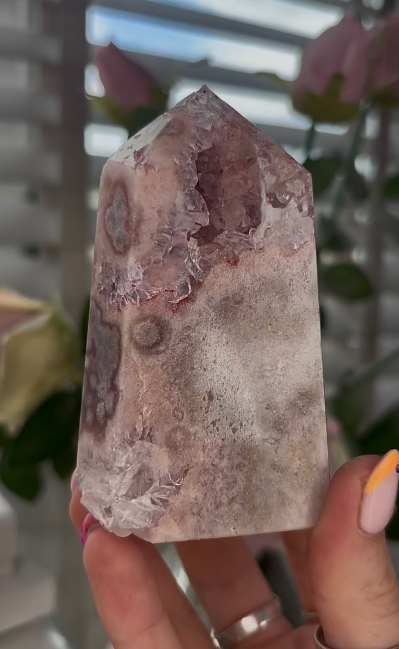 Beautiful, Pink amethyst tower with quartz druzy