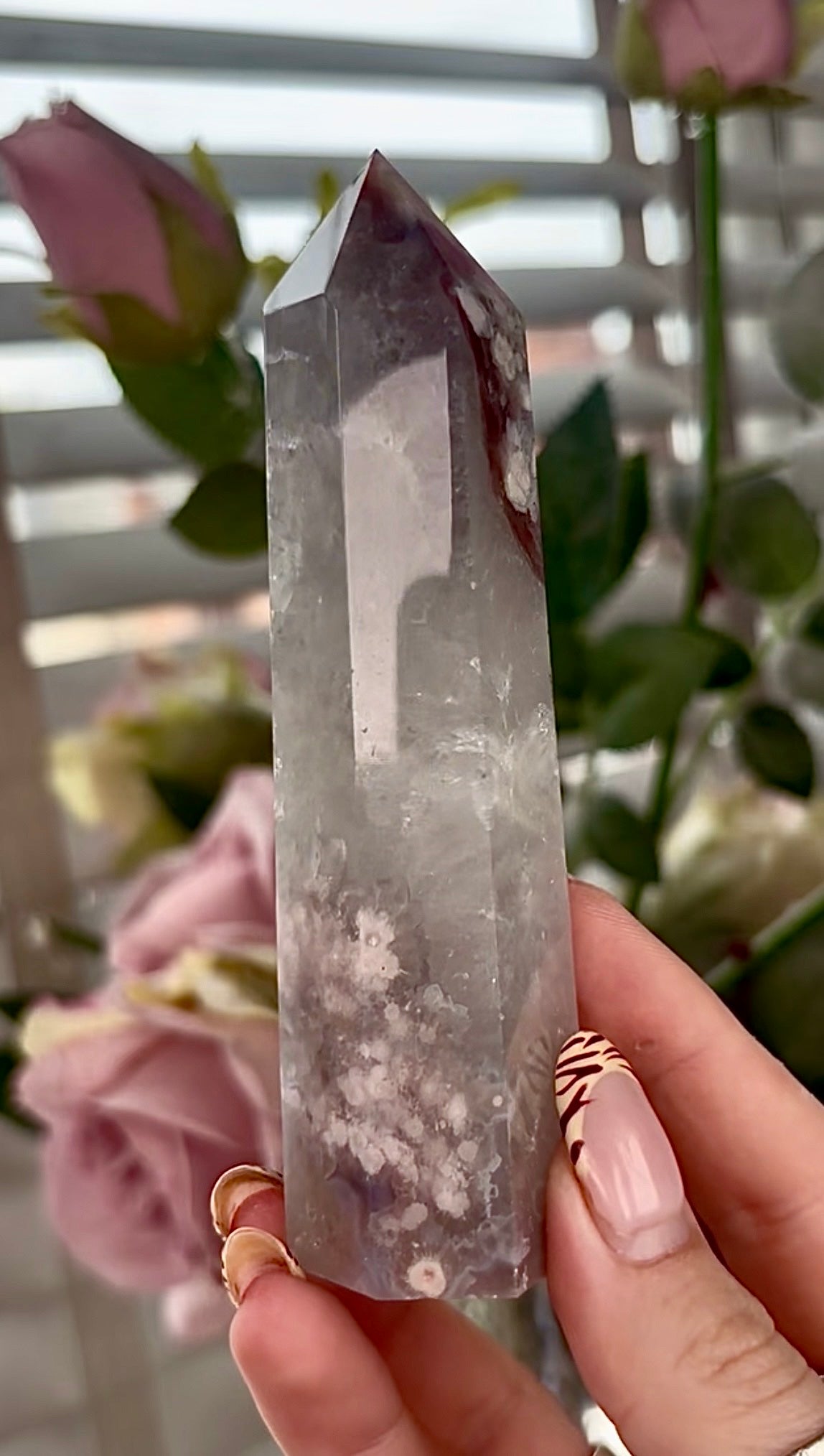 Stunning!! Super high quality, Druzy, green chlorite x blue flower agate tower