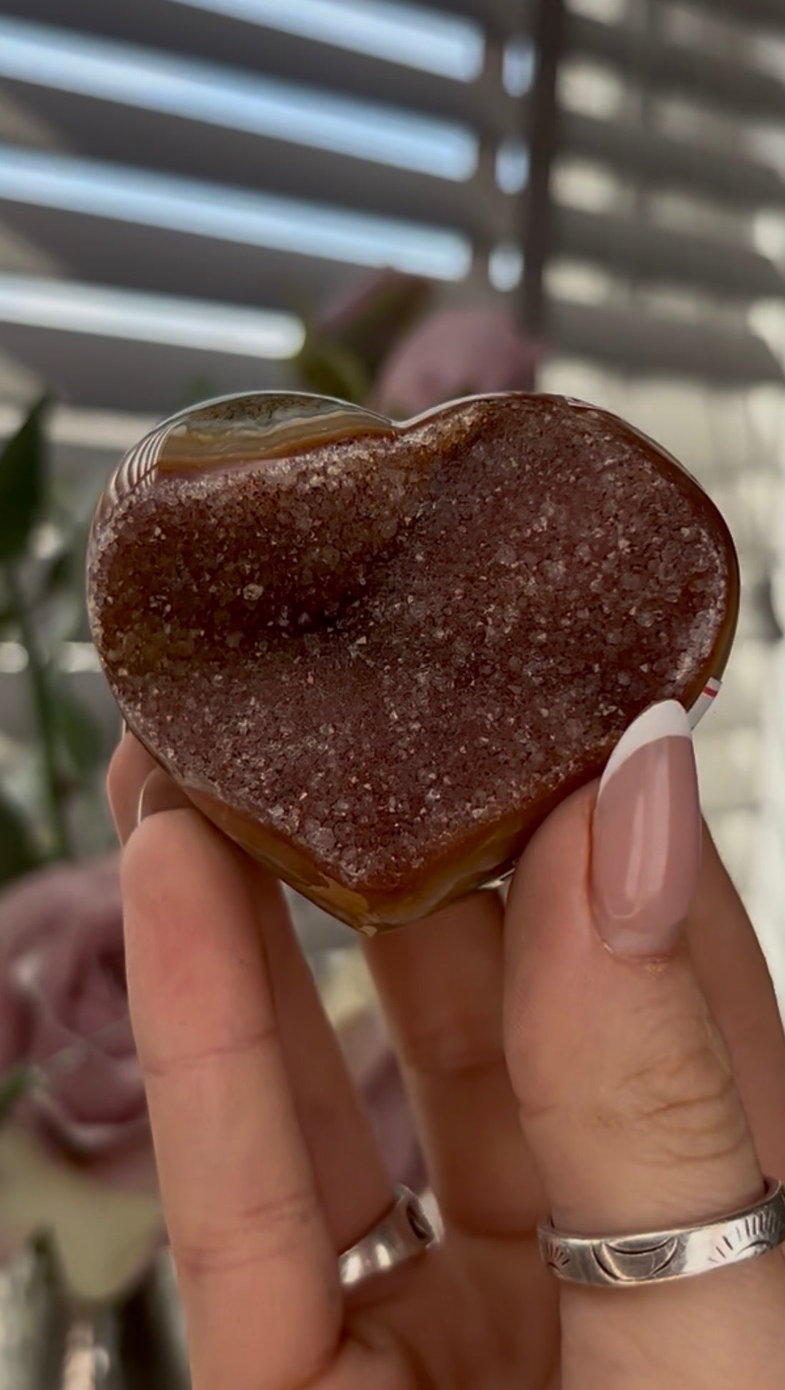 Uruguay, rainbow amethyst heart in rusty tone - comes with stand
