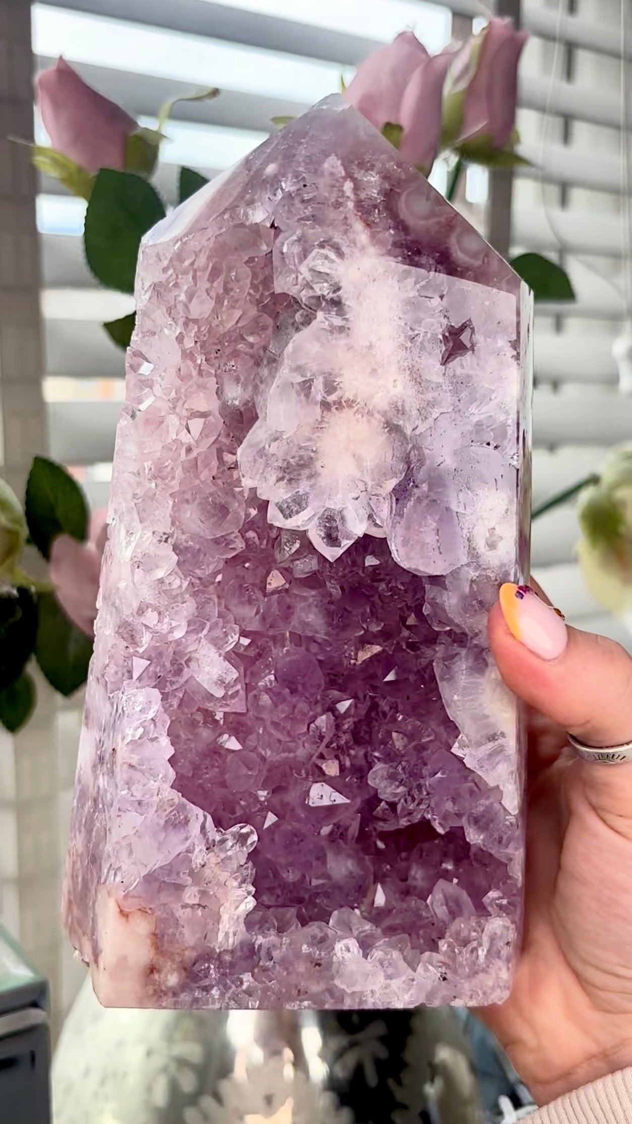 Beautiful, large, high quality, Pink amethyst tower with lilac tone quartz 20.5cm by 11cm