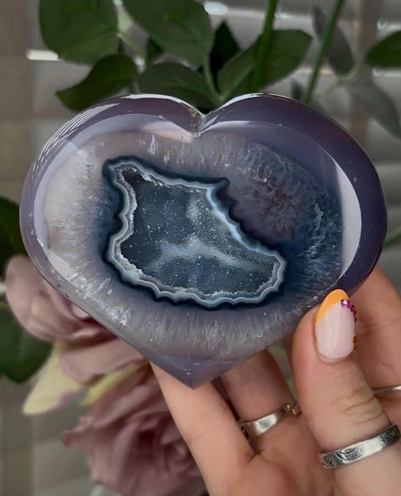 Gorgeous, blue agate heart, with druzy ( I believe this heart is part dyed & part natural) - comes with stand