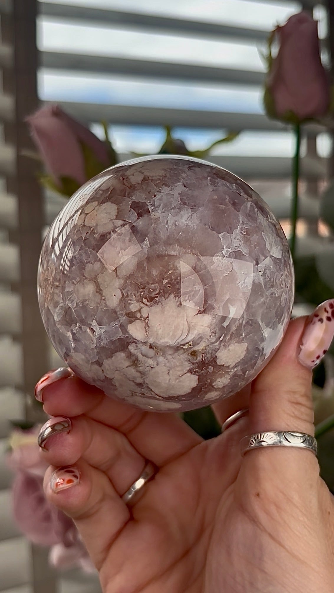 amethyst Flower agate sphere with high clarity quartz - 7.5cm