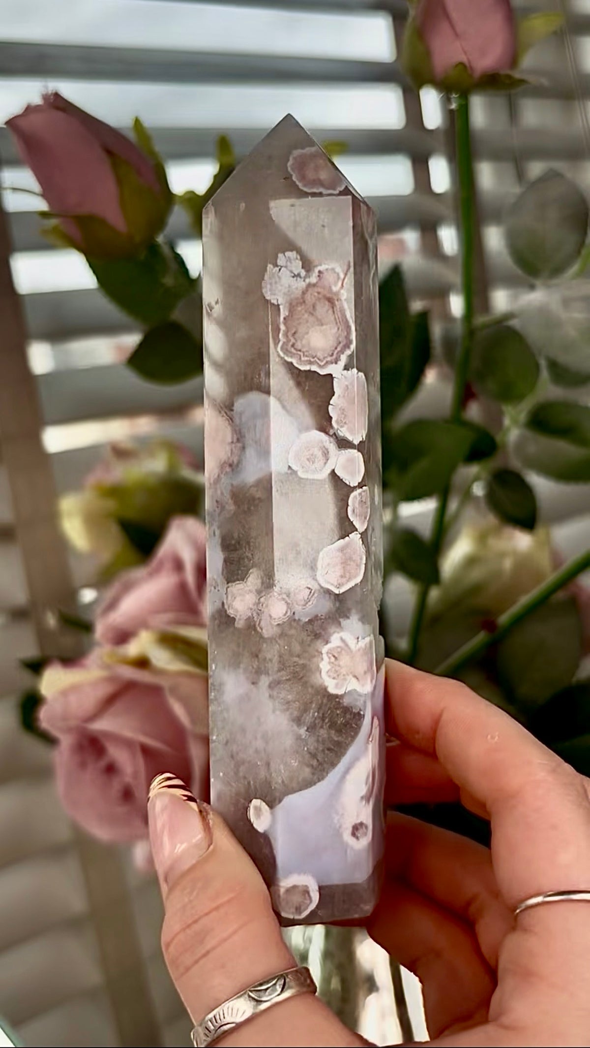 Stunning!! Super high quality, Druzy, green chlorite x blue flower agate tower
