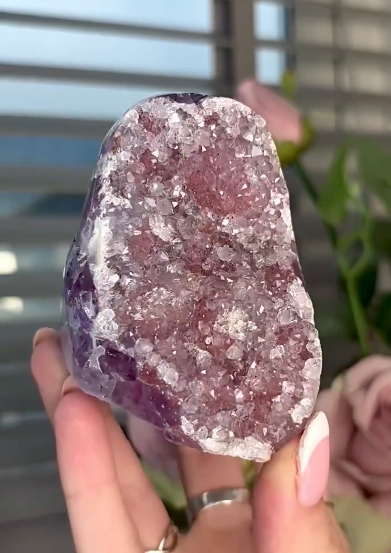 Light Pink rainbow amethyst on a purple & blue agate base