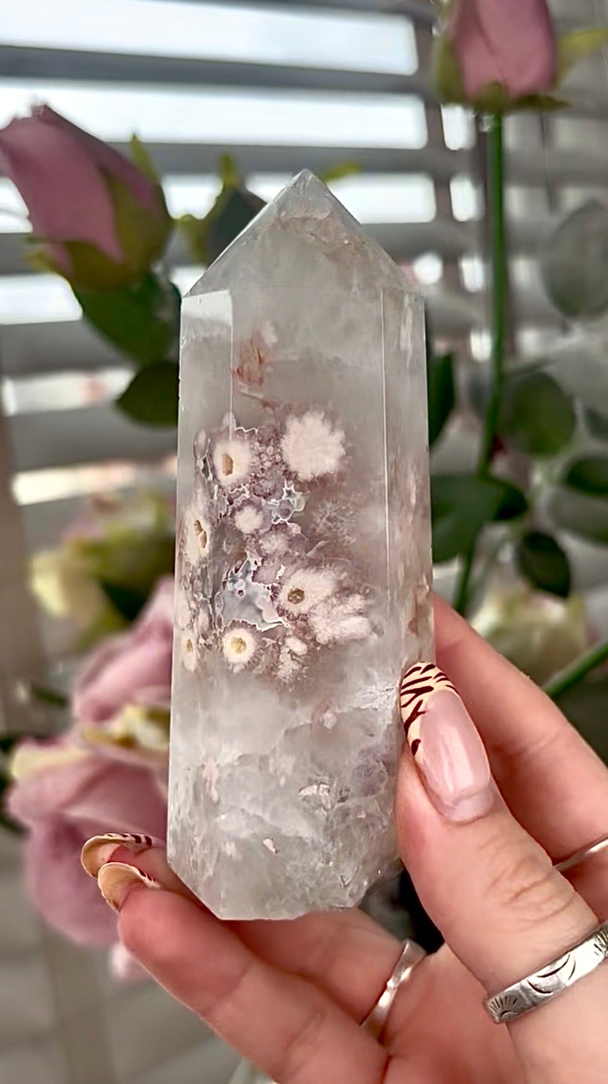 Stunning!! Super high quality, Druzy, green chlorite x blue flower agate tower
