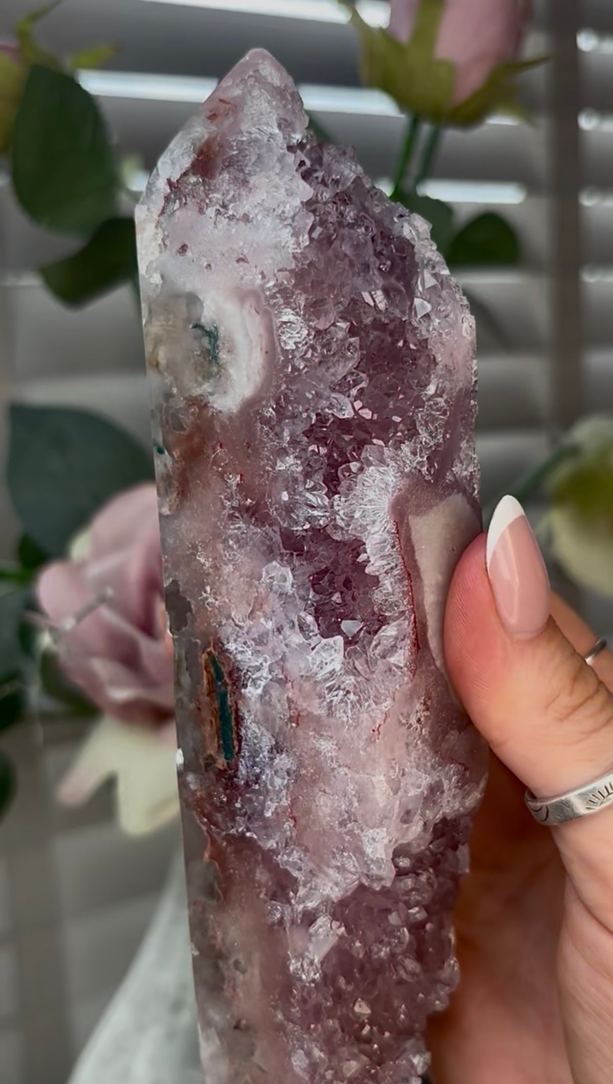 Beautiful, high quality, Pink amethyst tower with lilac quartz 18cm(h) by 4.5cm(w)