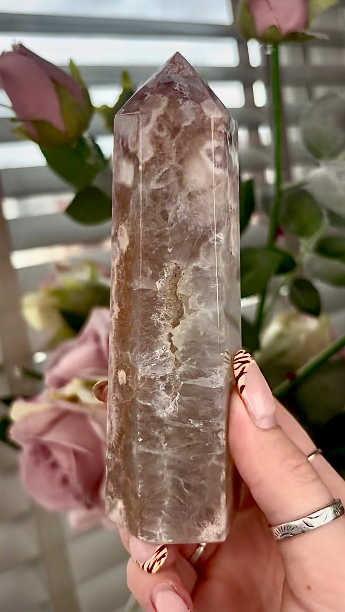 Stunning!! Super high quality, Druzy, green chlorite x blue flower agate tower