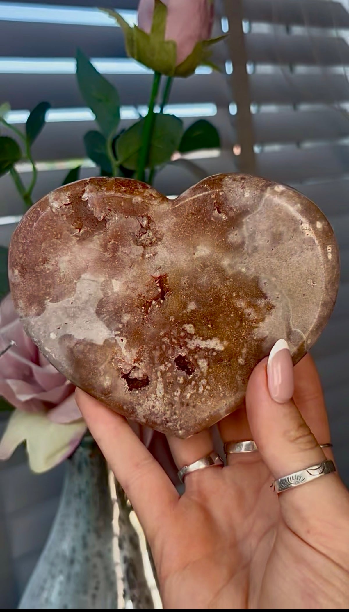Gorgeous, pink amethyst heart- comes with stand