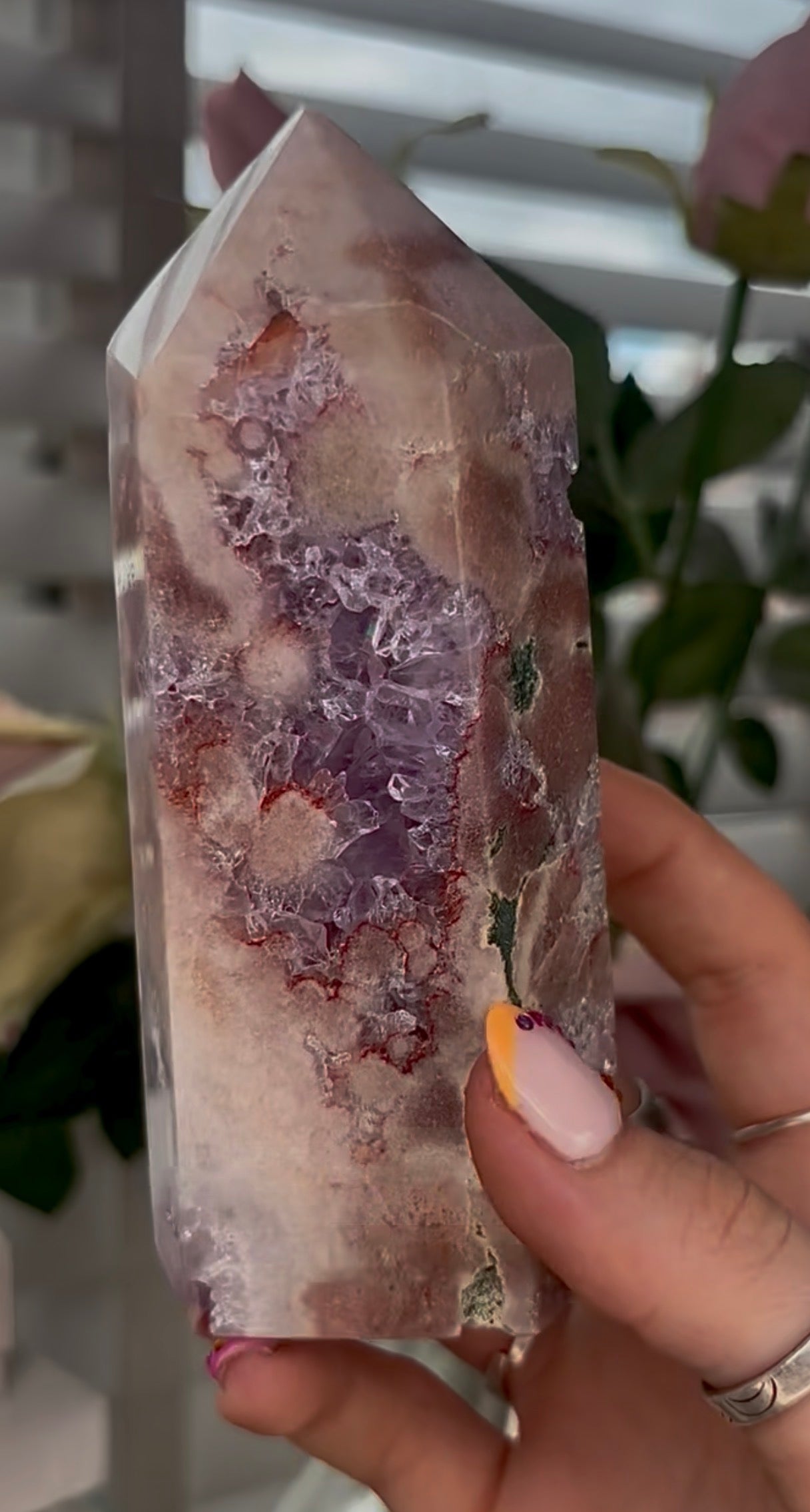 Pretty, Pink amethyst tower, with purple quartz druzy