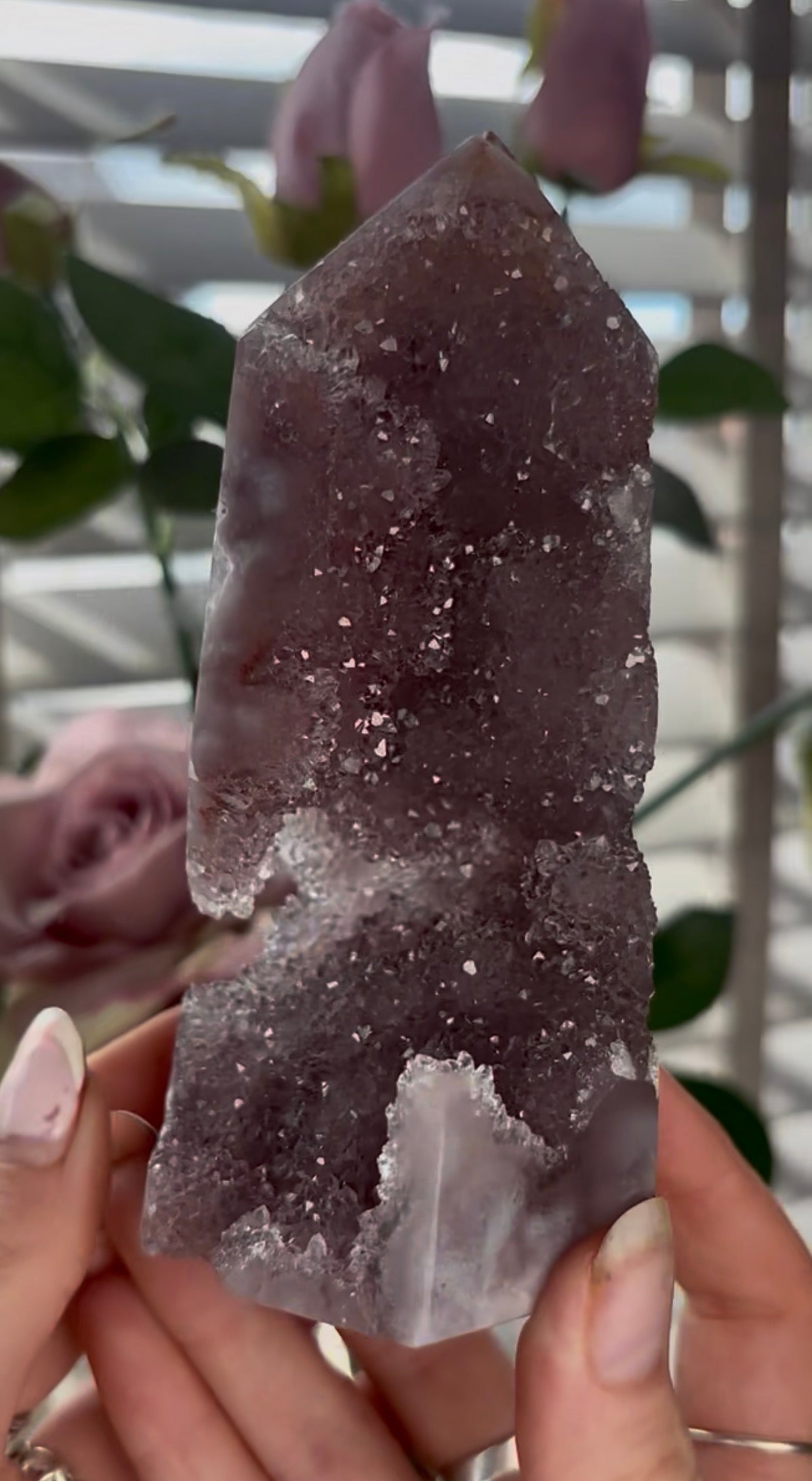 Beautiful, high quality, Pink amethyst tower in lilac tones with sugar druzy