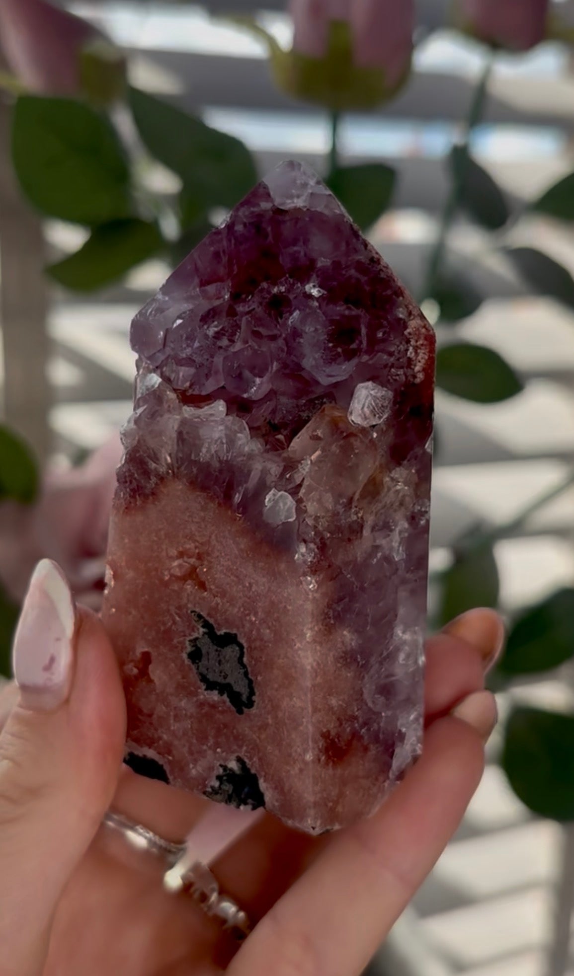 Beautiful, high quality, Pink amethyst tower with purple quartz & green jasper