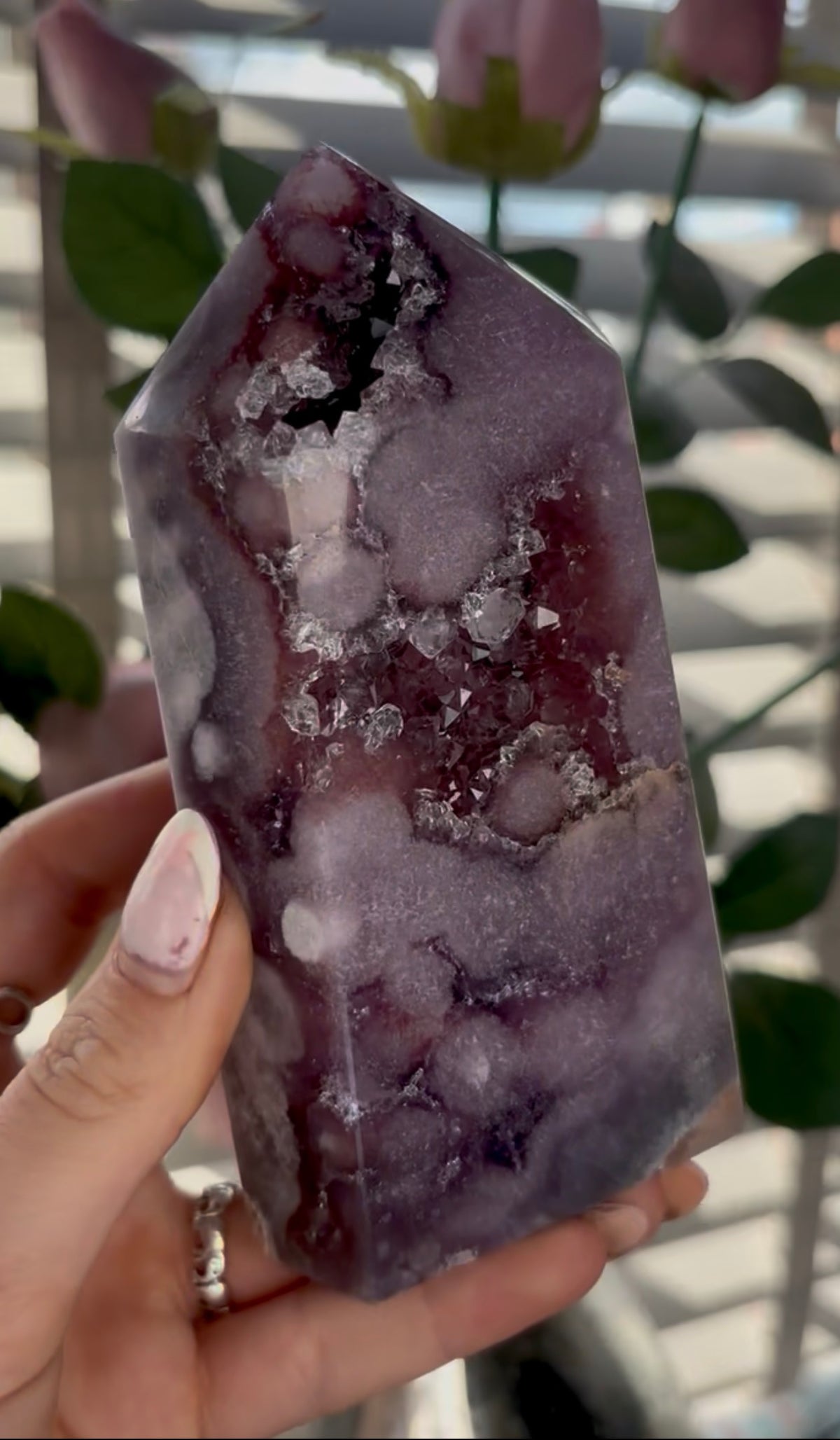 Beautiful, high quality, Pink amethyst tower in lilac tones with vibrant purple druzy