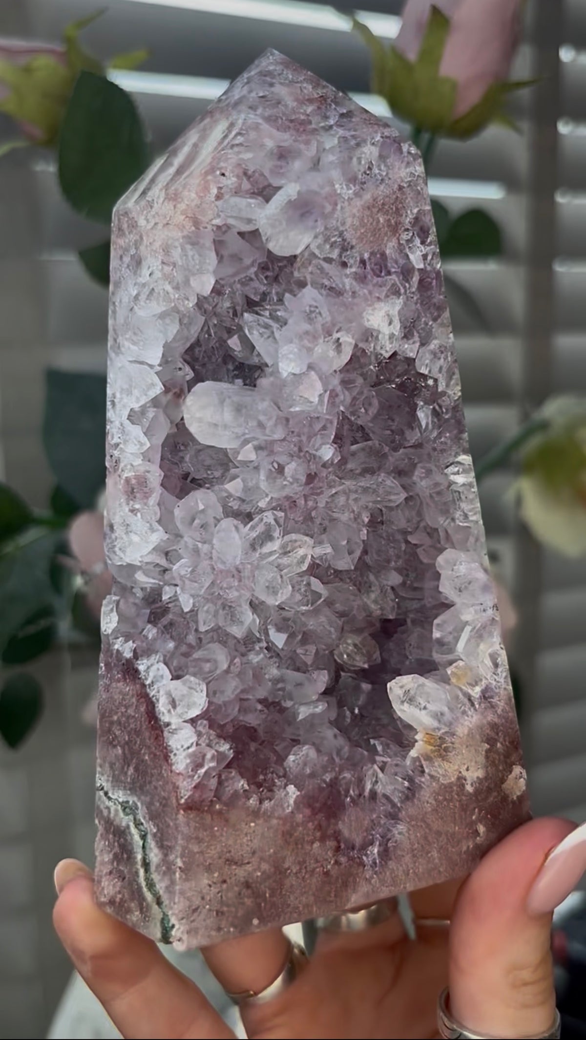 Beautiful, high quality, Pink amethyst tower with lilac quartz druzy teeth  14.7cm(h) by 8cm(w)